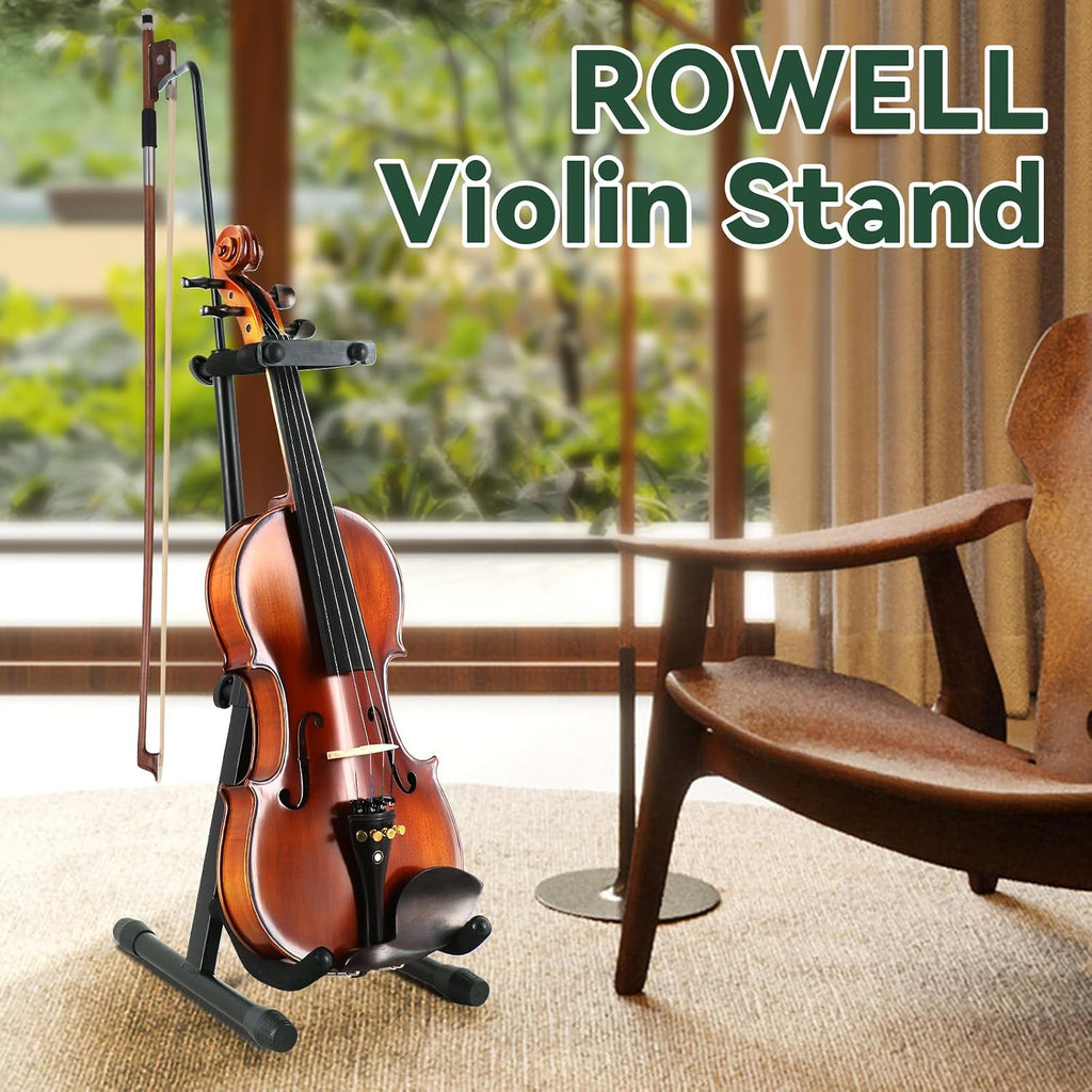 ROWELL Violin Stand Violin Stands with Bow Holder Foldable Portable Viola Stand Height Adjustable Violin Stand with Head Protection Lock &Anti-slip Foot Covers (Black)