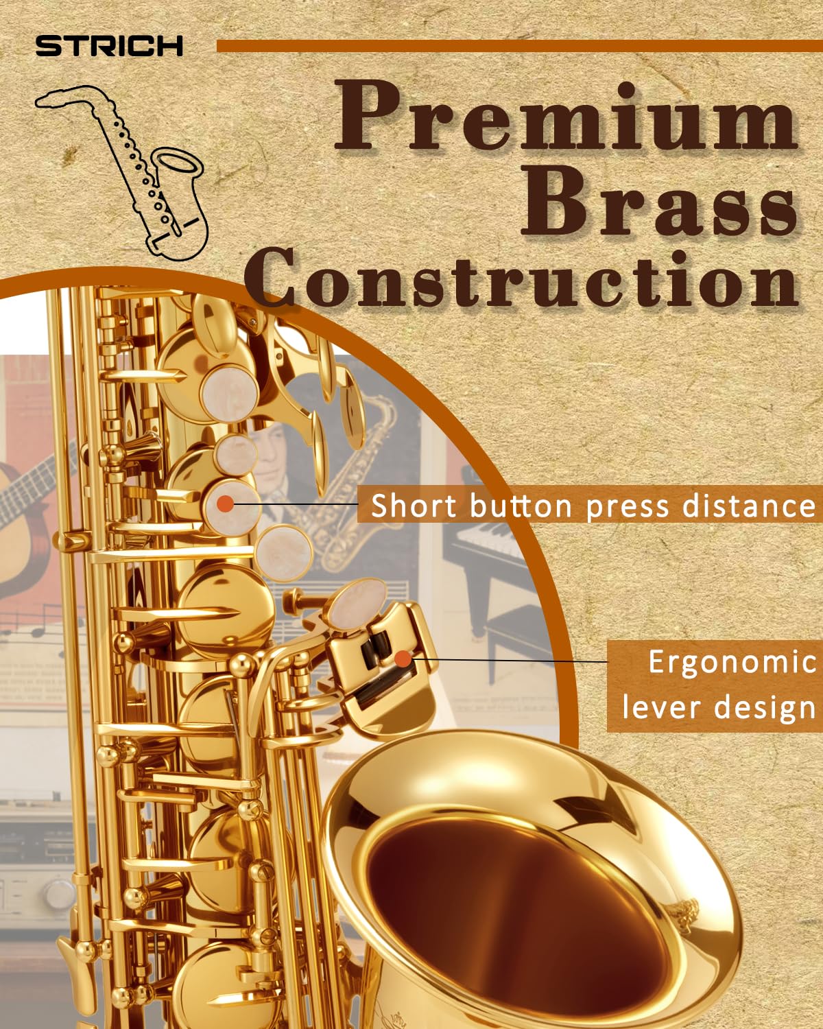 STRICH Eb Alto Saxophone Brass Student Beginner Alto Sax Kit with Hard Case Stand Neck Strap Mouthpiece and Reeds for School Band Home Practice, SSA-31B, Black