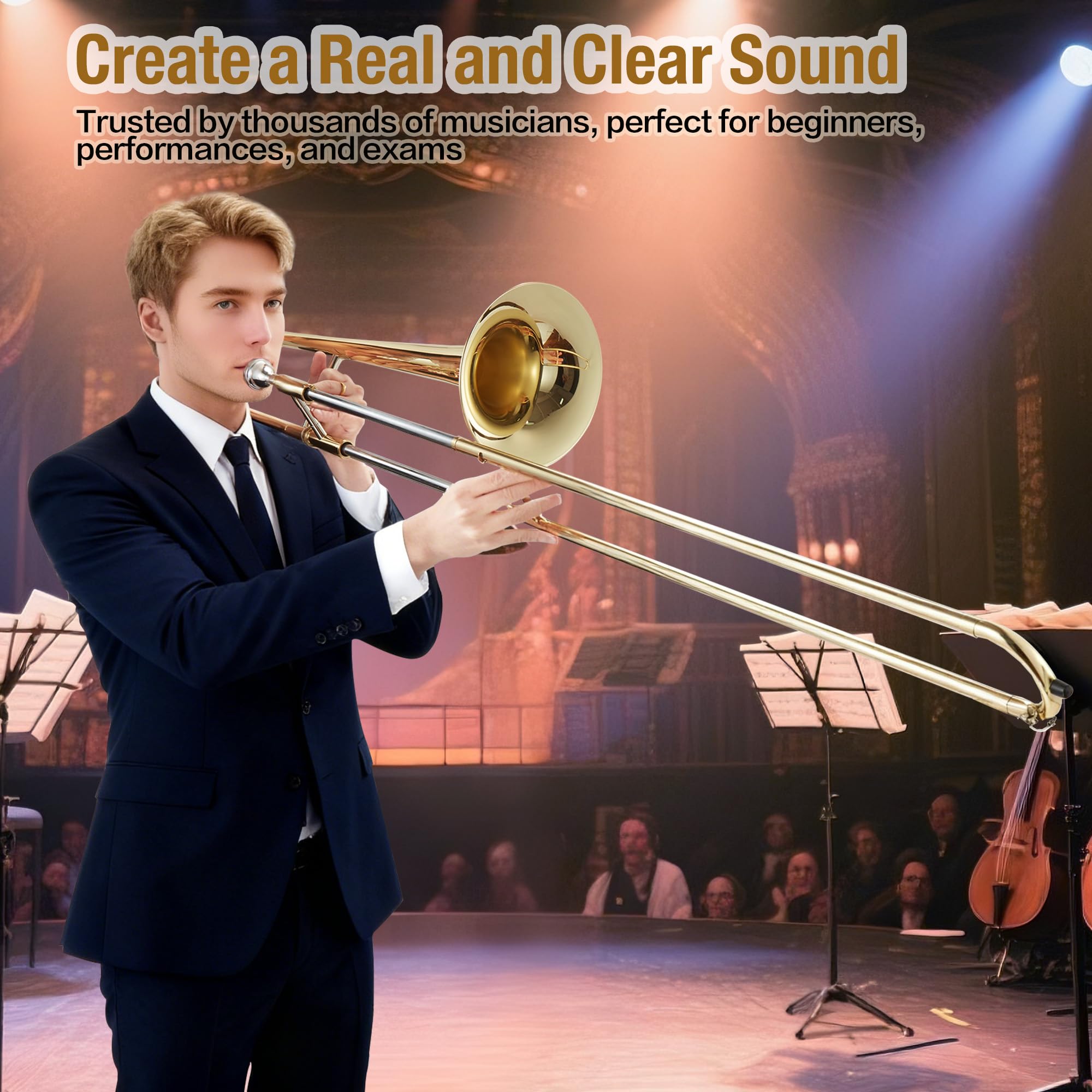 Senfot Alto Trombone Starter Kit, Gold Lacquer Brass with Case, Mouthpiece, Gloves, Cloth; Accurate tone and Penetraing Sound, School Band & Orchestra Essential Instrument