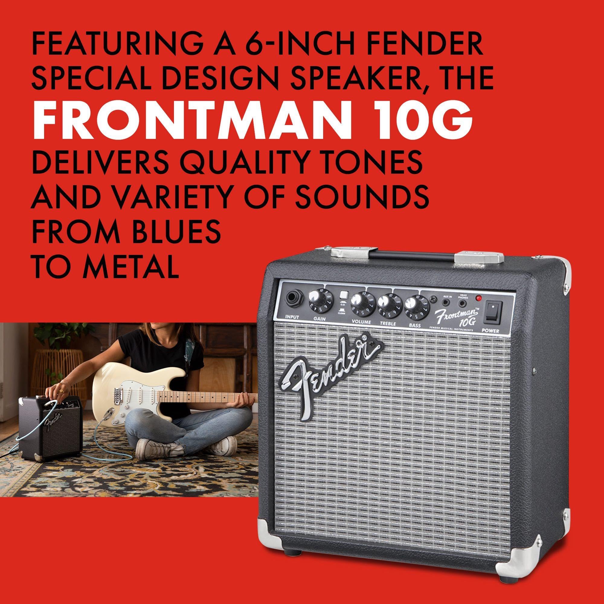 Fender Frontman 10G Electric Guitar Amplifier, 10-Watt Practice Amp with 6" Speaker, Built-in Overdrive, Headphone Jack & Aux Input, Black/Silver, with 2-Year Warranty