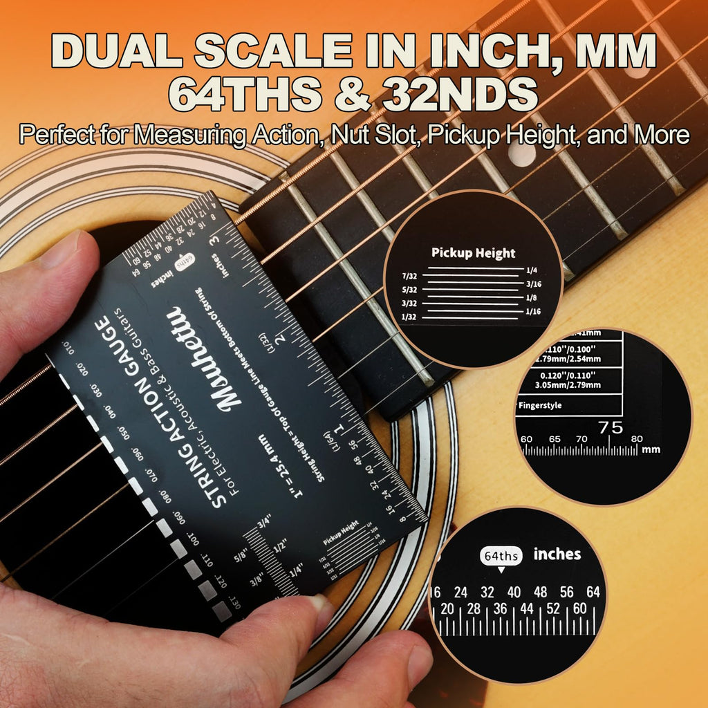 String Action Gauge Ruler, Upgraded Guitar String Height Gauge with Inch & Metric Scales, Guitar String Setup Tool and Accessory for Electric, Acoustic, Bass, and Luthier Use - Etched Black Edition