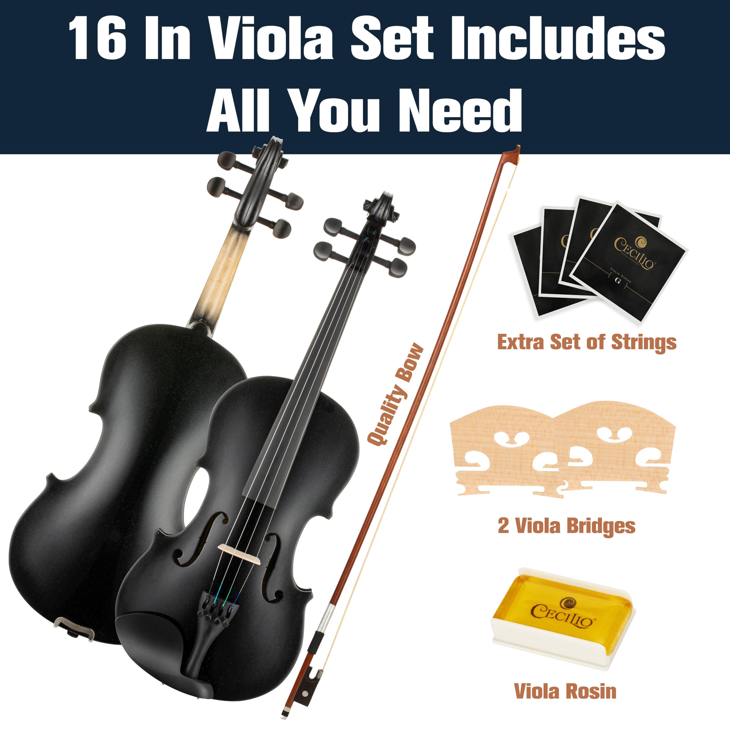 Mendini by Cecilio 14 Inch Solid Wood Viola Set for Beginners - Hand Carved Acoustic Viola Kit with Hard Case, Bow, Rosin, Bridge and Extra Strings