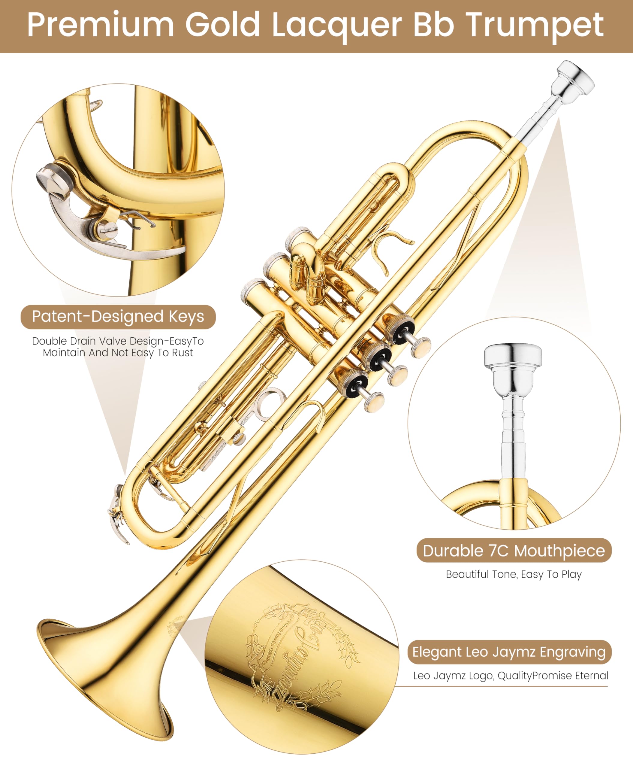 Leo Jaymz Bb Trumpet for Beginners, Brass Student Trumpet Kit with Case, 7C Mouthpiece, Cleaning Kit, Standard B Flat Instrument,Nickel