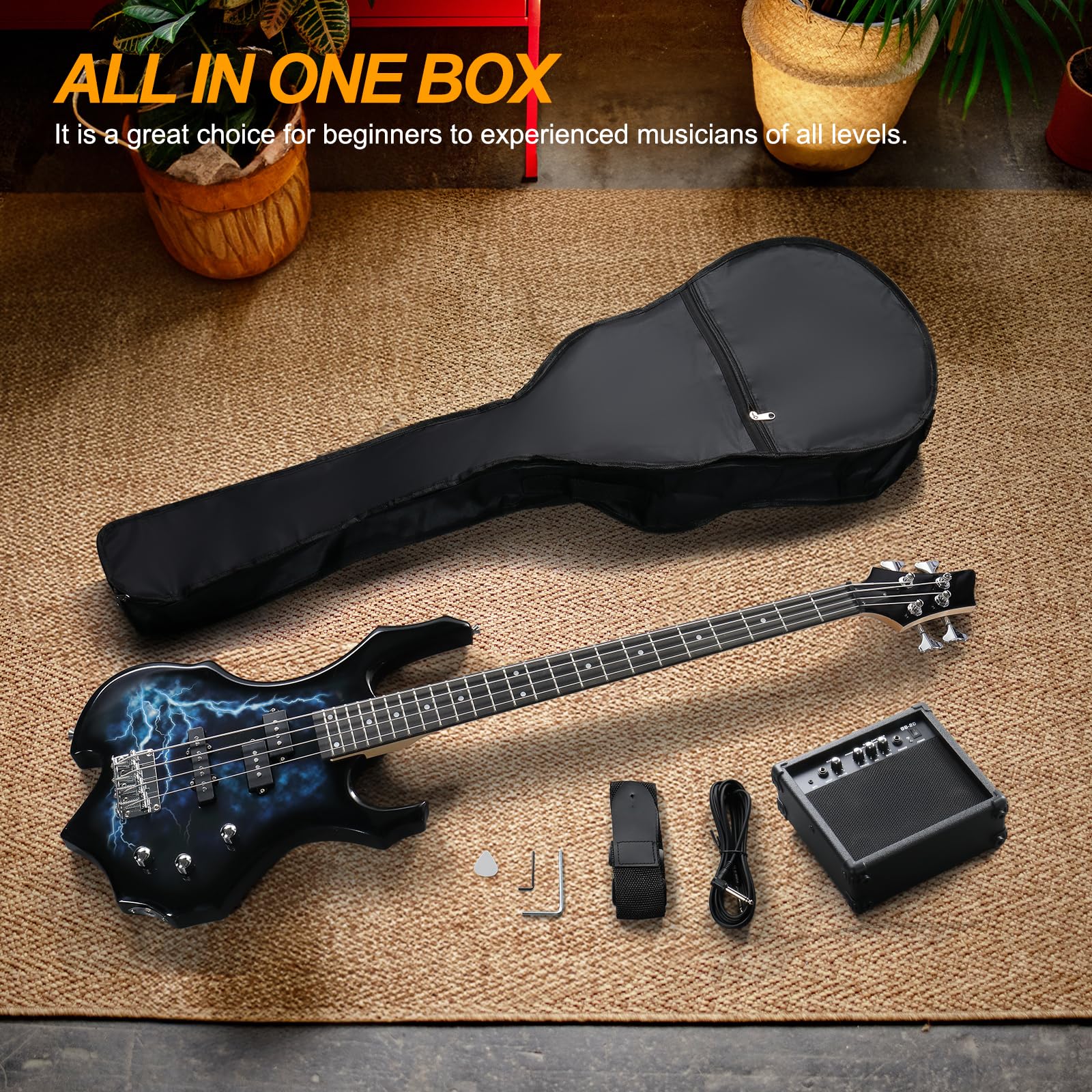 Ktaxon Electric Bass Guitar Full Size Flame Design Bass Set with 20 Watt Amplifier, Portable Bass Bag, Superior Amp Wire, Adjustable Guitar Strap, Plectrum, Wrench Tool(Matte Black)