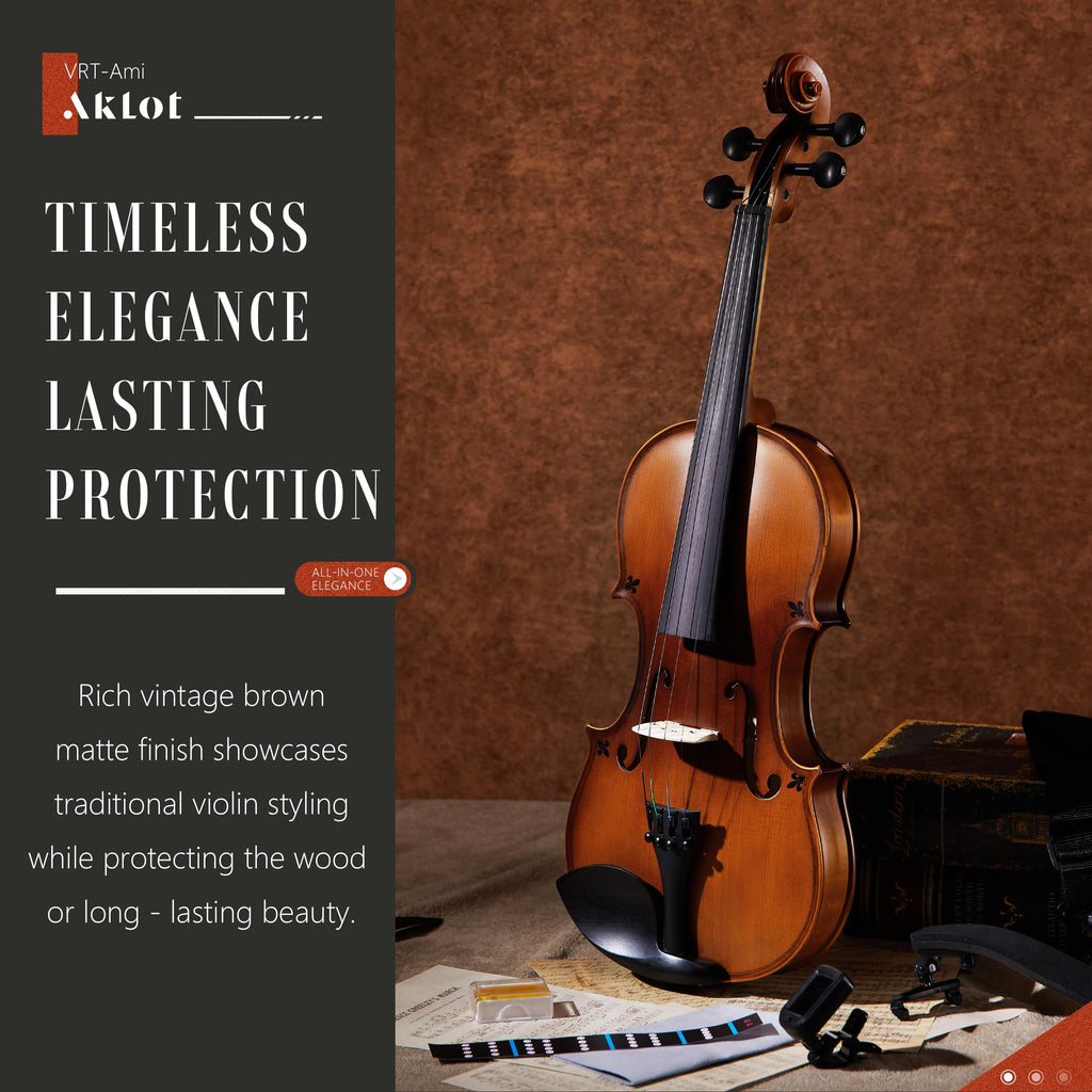 AKLOT Handcrafted Full Size Violin: Solid Wood Matte Fiddle, Acoustic Beginner 4/4 Violin Kit with Hard Case, Lesson Book, Bow, Shoulder Rest, Extra Strings, Tuner, Fretboard Stickers (VRT-AmiCS)