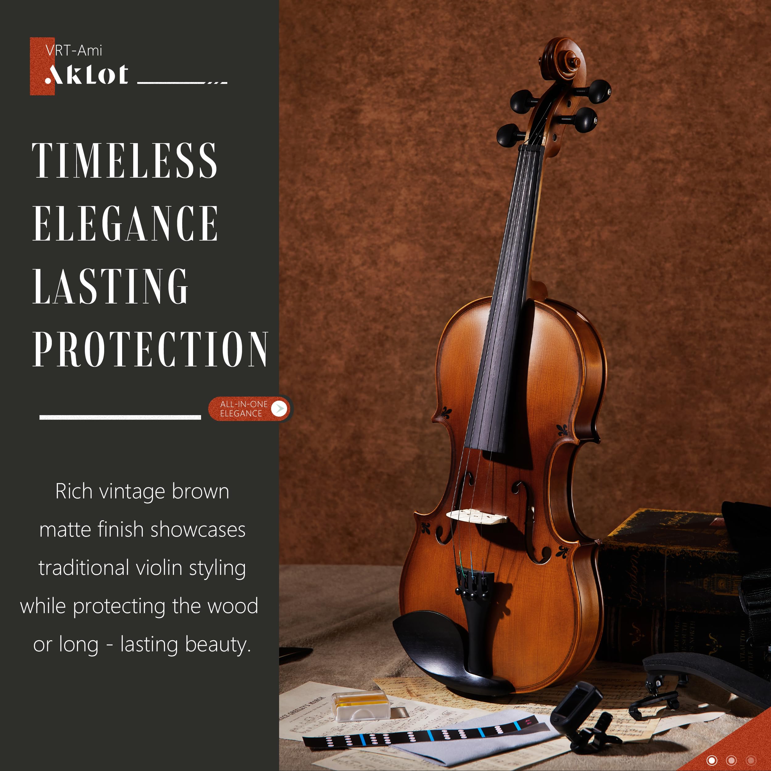 AKLOT Handcrafted Full Size Violin: Solid Wood Matte Fiddle, Acoustic Beginner 4/4 Violin Kit with Hard Case, Lesson Book, Bow, Shoulder Rest, Extra Strings, Tuner, Fretboard Stickers (VRT-AmiCS)