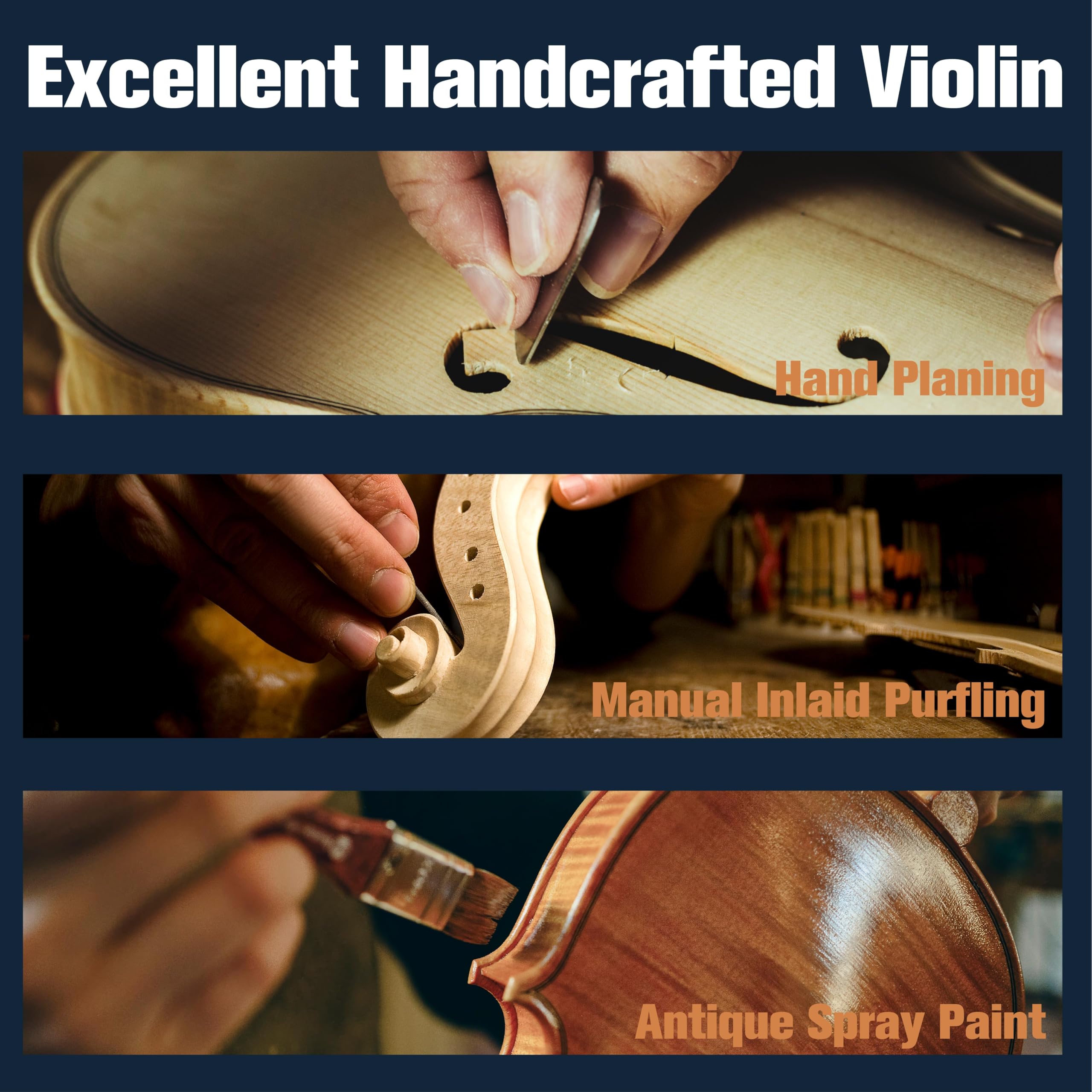 Mendini by Cecilio Violin 4/4 Full Size Kit For Beginners - Hand Carved Acoustic Violins Set - Fiddle Solid Wood Kit with Hard Case, Bow, Rosin, Shoulder Rest, Bridge and Extra Strings (Black)