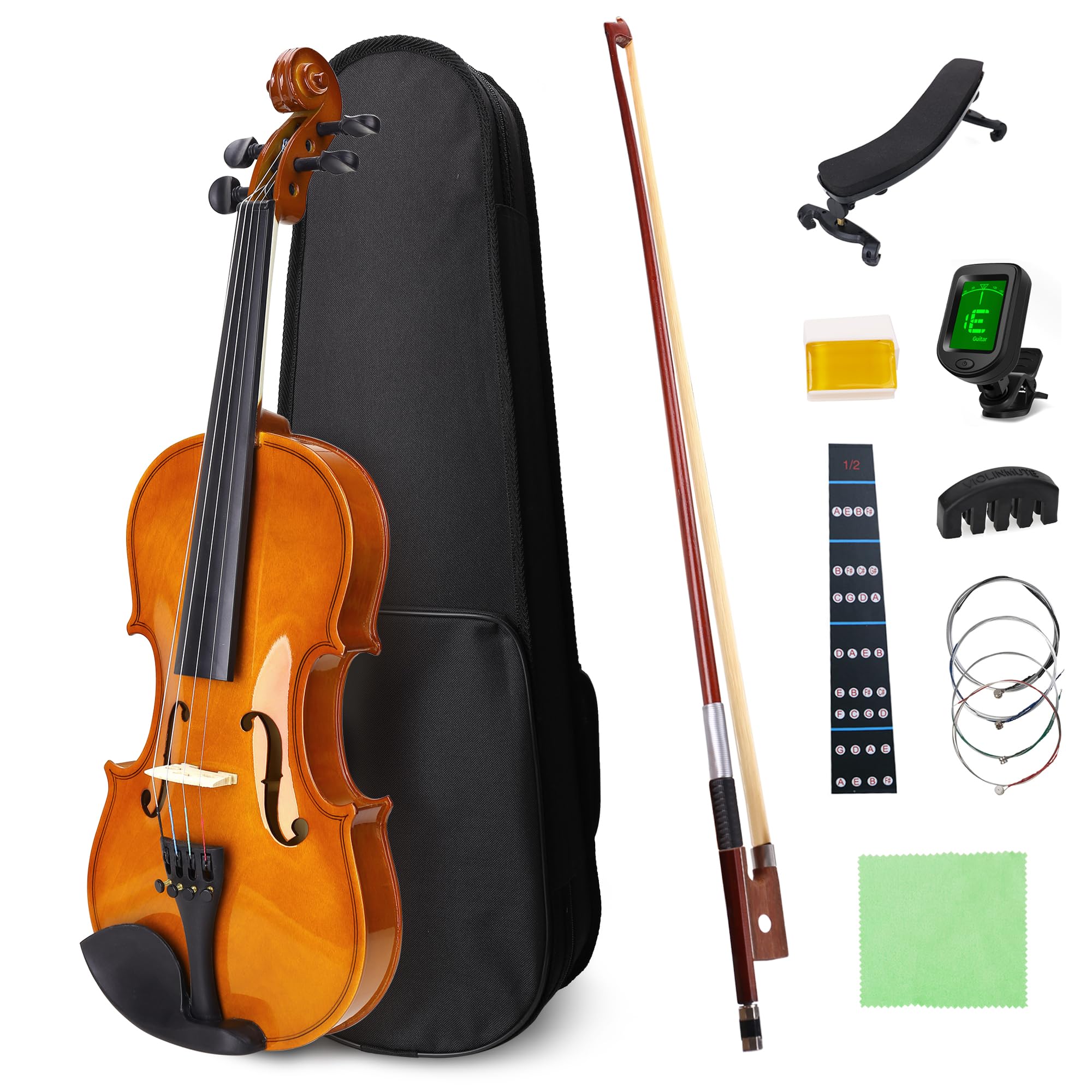 NANYI Size 1/2 beginner first violin Set for Kids, Solid Wood Acoustic Fiddle Kit with Hard Case, Bow, Rosin, Shoulder Rest, Tuner and Extra Strings