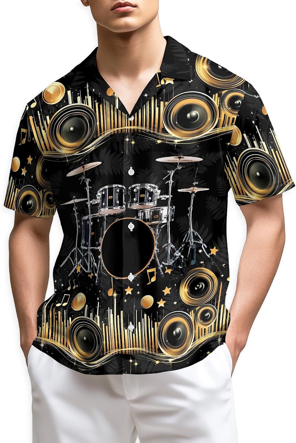 Trombone Pattern Hawaiian Shirt for Men, Summer Vacation Button Down Shirt, Aloha Beach Short Sleeve Shirt, S-5XL