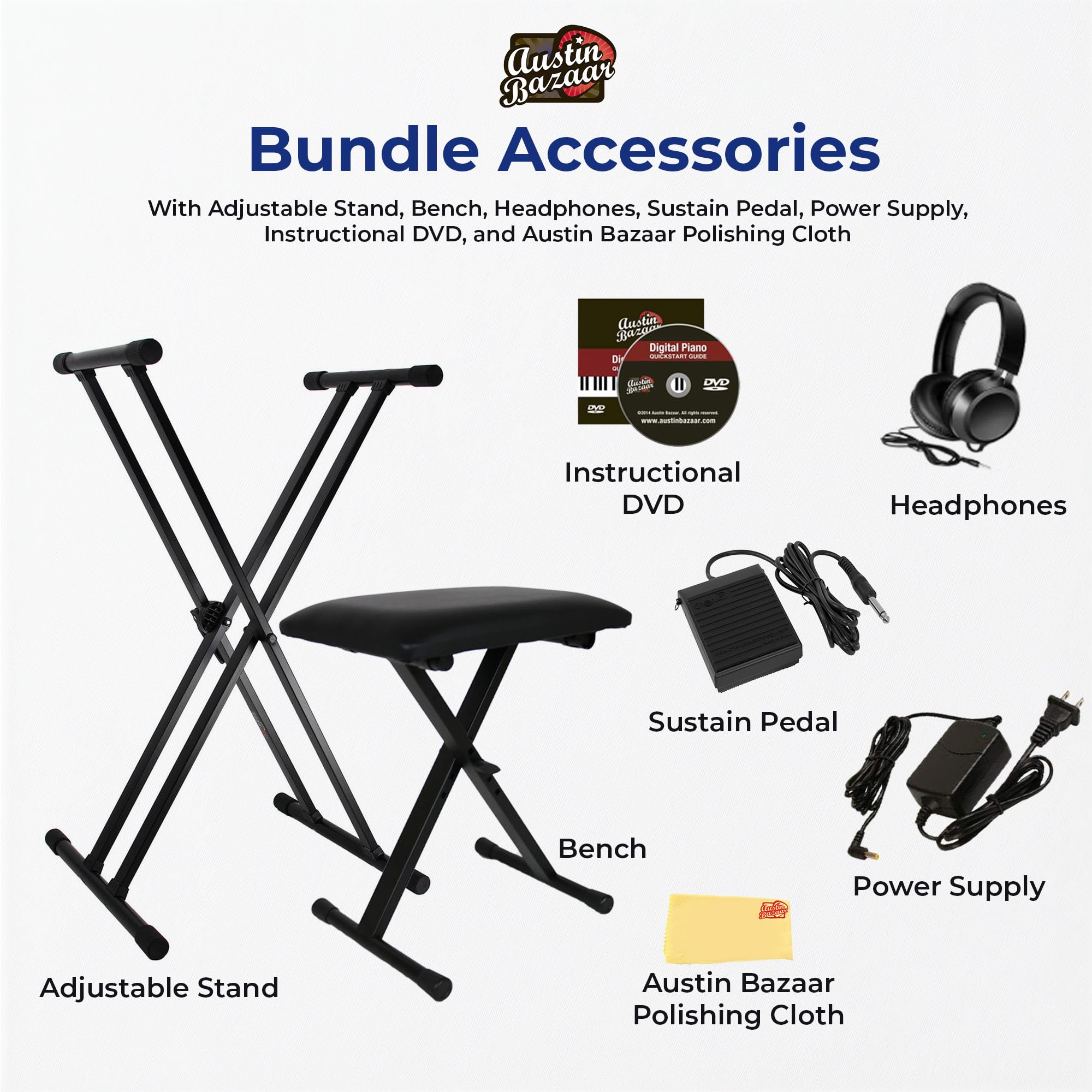 Casio CT-X700 Portable Keyboard Bundle with Adjustable Stand, Bench, Headphones, Sustain Pedal, Power Supply, Instructional DVD, and Austin Bazaar Polishing Cloth