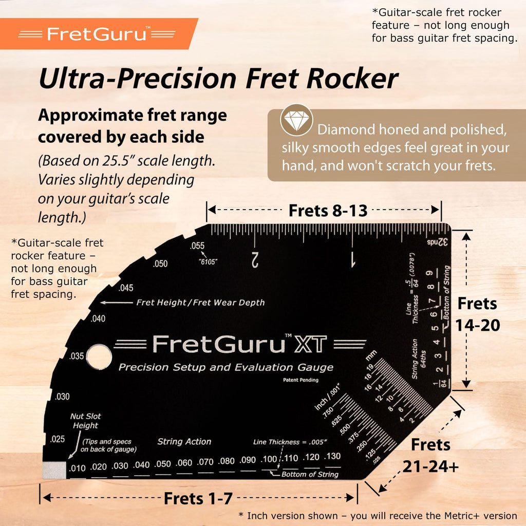 String Action Gauge Guitar Fret Ruler Precision Fret Rocker Precise CNC Machined, Diamond Honed, Polished Edge Guitar String Height Gauge Luthier Tool with Genuine Leather Case | Precision .010" increments, Laser etched markings, Luthier tool for guitar s