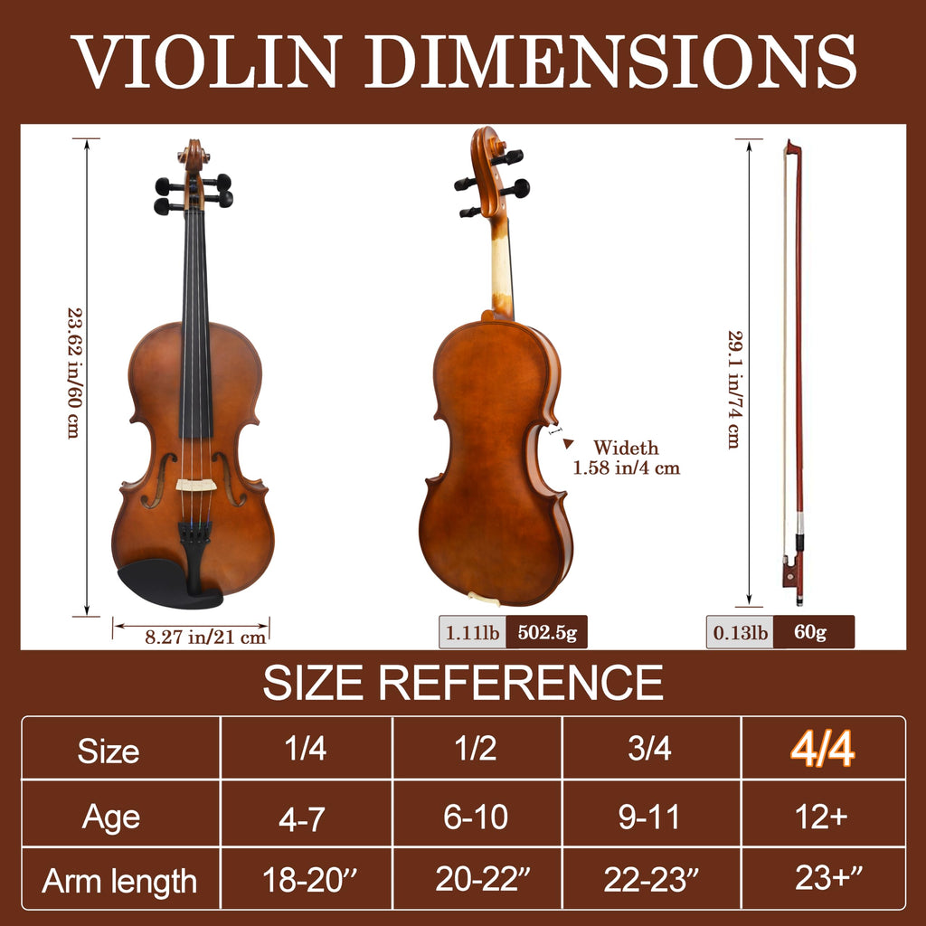 Violin 4/4 Full Size Kit, Violin Fiddle Set for Beginner Adults Students with Rosewood Bow, Violin Case, Shoulder Rest, Extra Strings and Bridge(Plywood, Full)