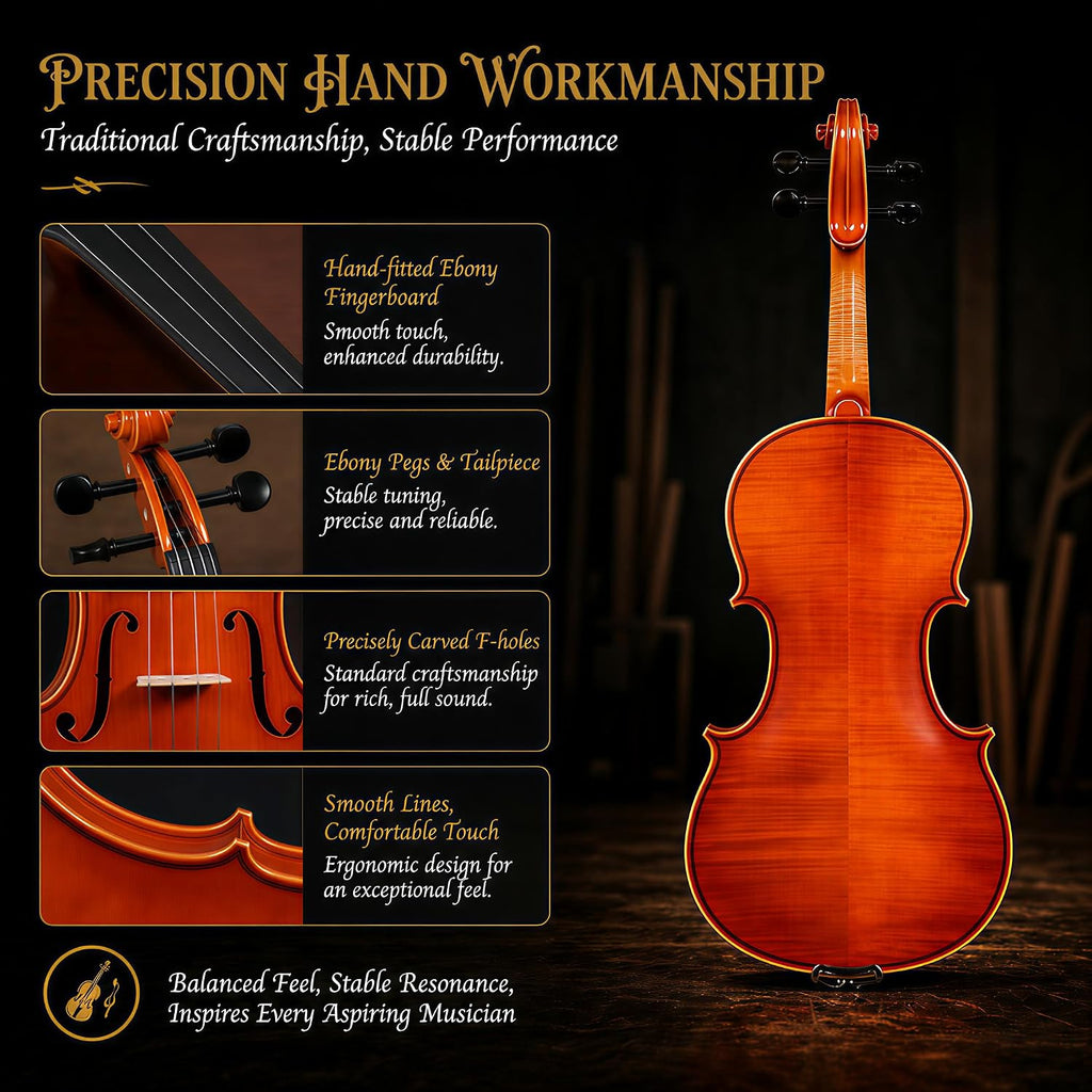 Handcrafted Solid Wood Violin 4/4 Full Size, Acoustic Fiddle with Gradient Finish, Ebony Fingerboard & Fittings, High-End Full Size Violin Kit with Ebony Bow, Alice Strings, and Deluxe Case