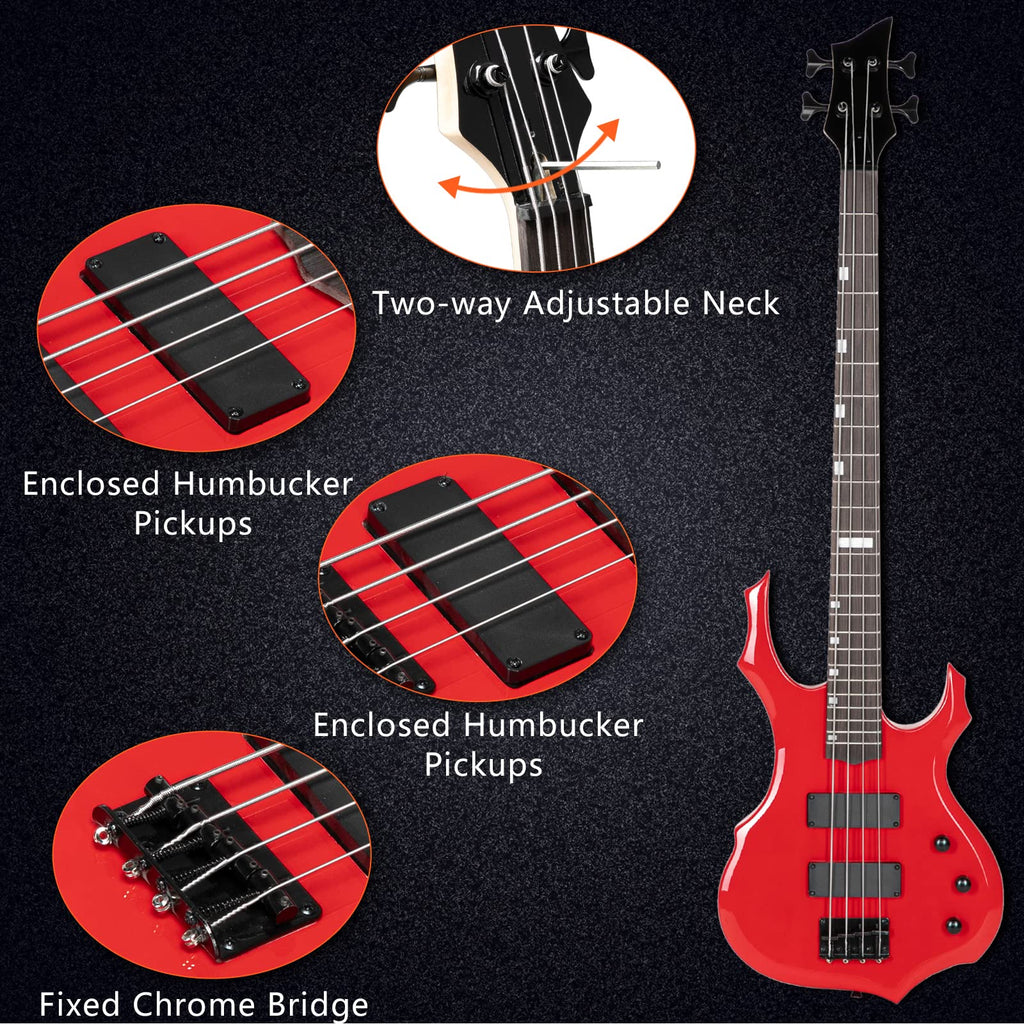 Ktaxon Electric Bass Guitar Full Size Flame Design Bass Set with 20 Watt Amplifier, Portable Bass Bag, Superior Amp Wire, Adjustable Guitar Strap, Plectrum, Wrench Tool(Matte Black)