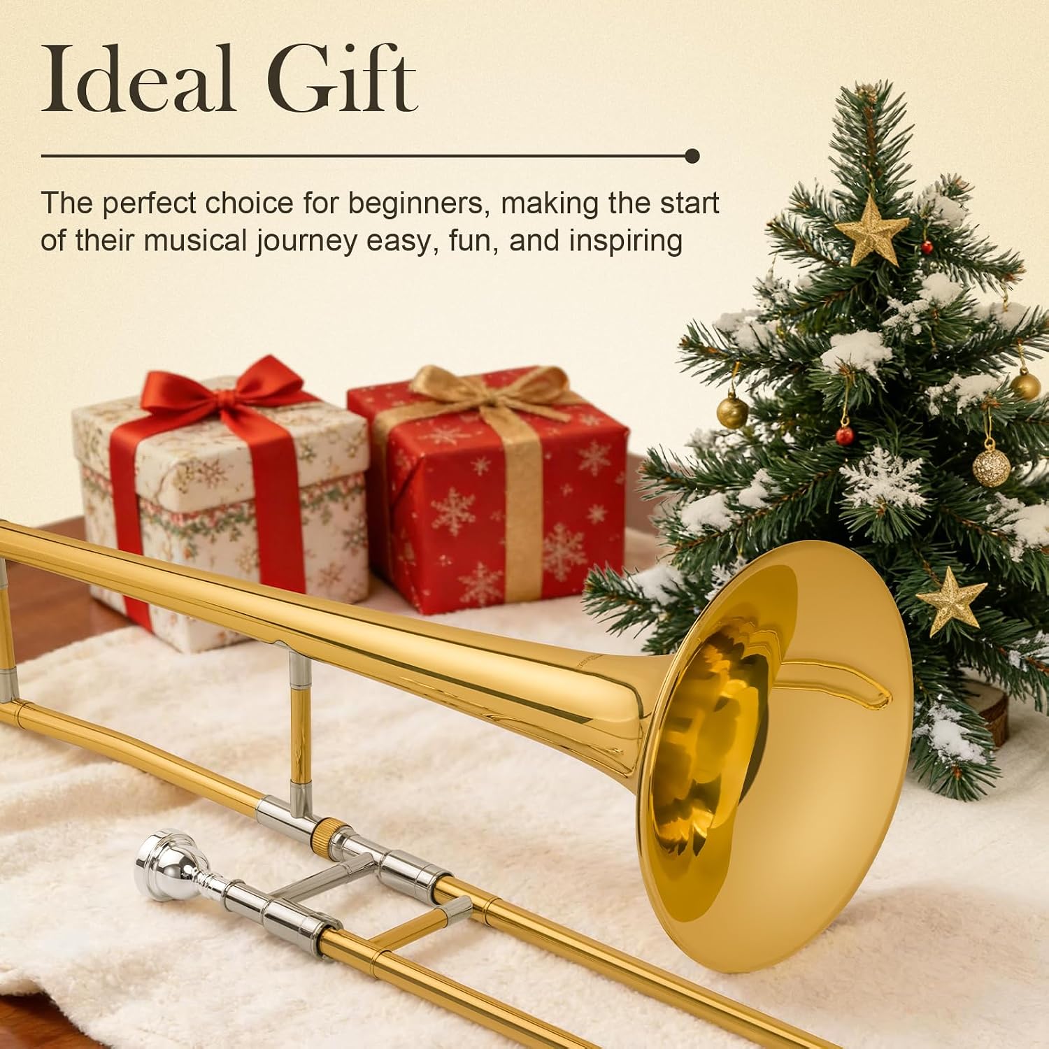 SONICAKE Bb Alto Slide Trombone for Beginners Students - Gold Lacquer Brass Trombone Full Kit with 7C Mouthpiece, Hard Case, Gloves & Cleaning Kit QTB-01