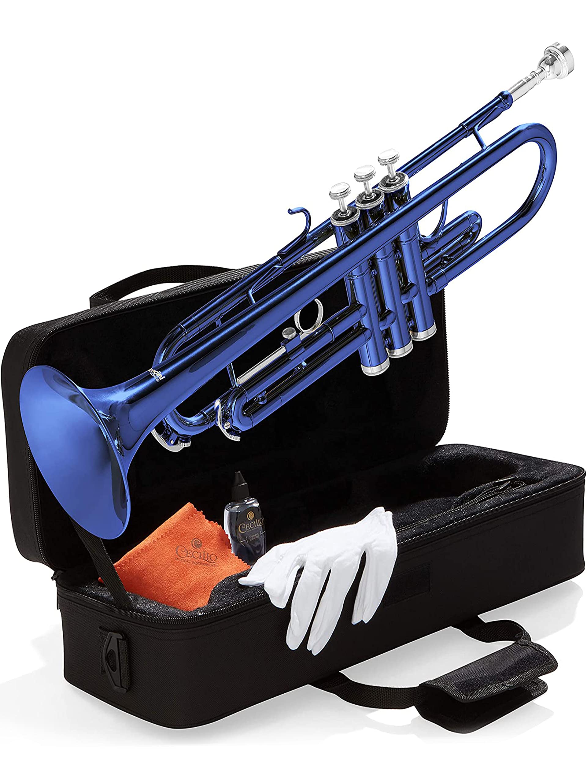 Mendini By Cecilio Bb Standard Trumpet Set for Beginners - Brass Trumpet Instrument with Hard Case, 7C Mouthpiece, Valve Oil, Cleaning Cloth, Maintenance kit and Gloves (Gold)