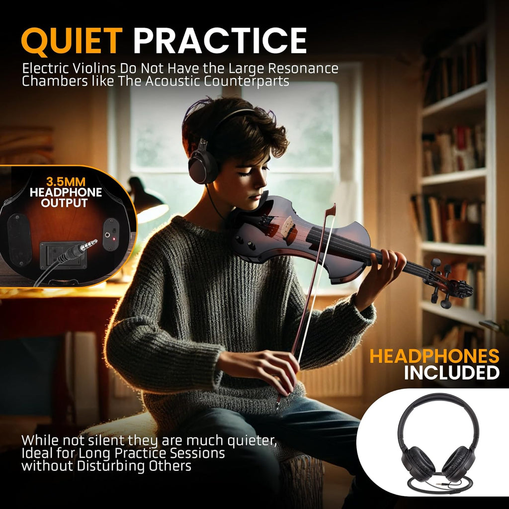 Pyle Full Size Electric Violin Kit - 4/4 Solid Wood Silent Fiddle with Hard Case, Bow, Ebony Fittings, and Digital Tuner