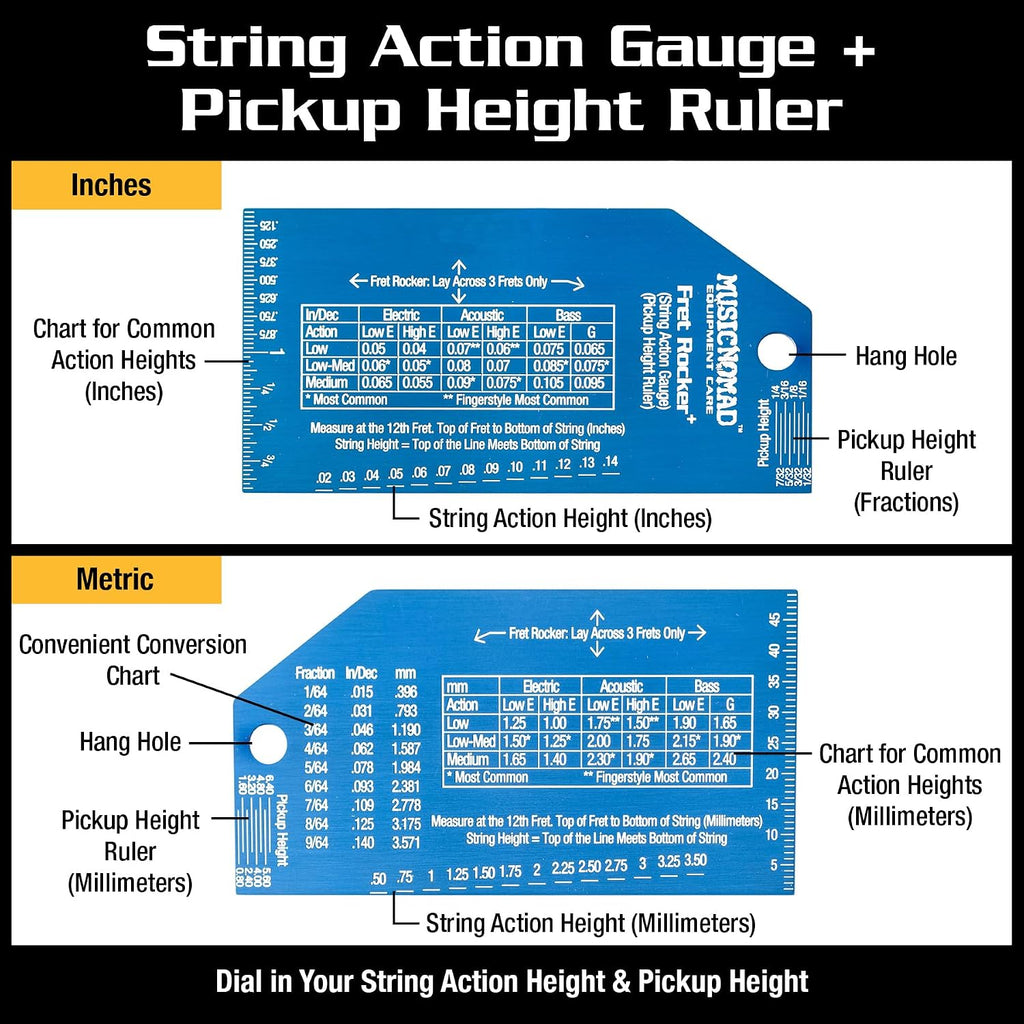 MusicNomad Precision Fret Rocker+ with String Action Gauge and Pickup Height Ruler (MN822)