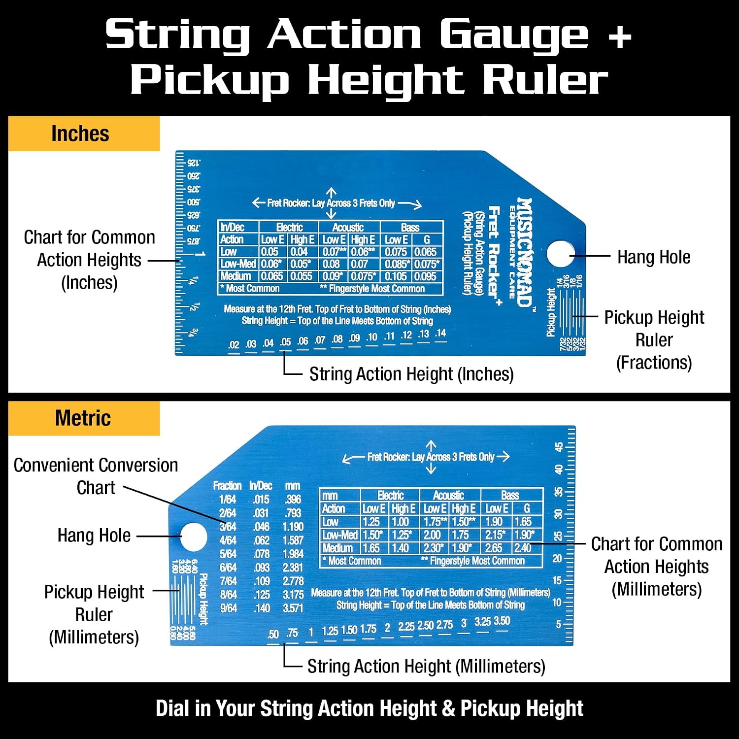 MusicNomad Precision Fret Rocker+ with String Action Gauge and Pickup Height Ruler (MN822)