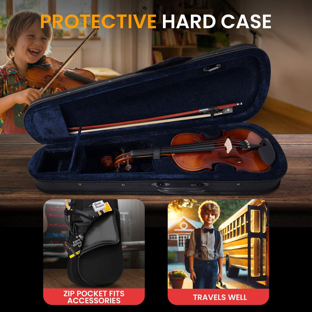 Pyle 4/4 Full Size Acoustic Violin for Beginners – Complete Violins Set with Hard Case, Bow, Extra Strings, Rosin, Full Accessories Kit - Mobile App Tuner 2 Month Free Lessons for Kids & Adults