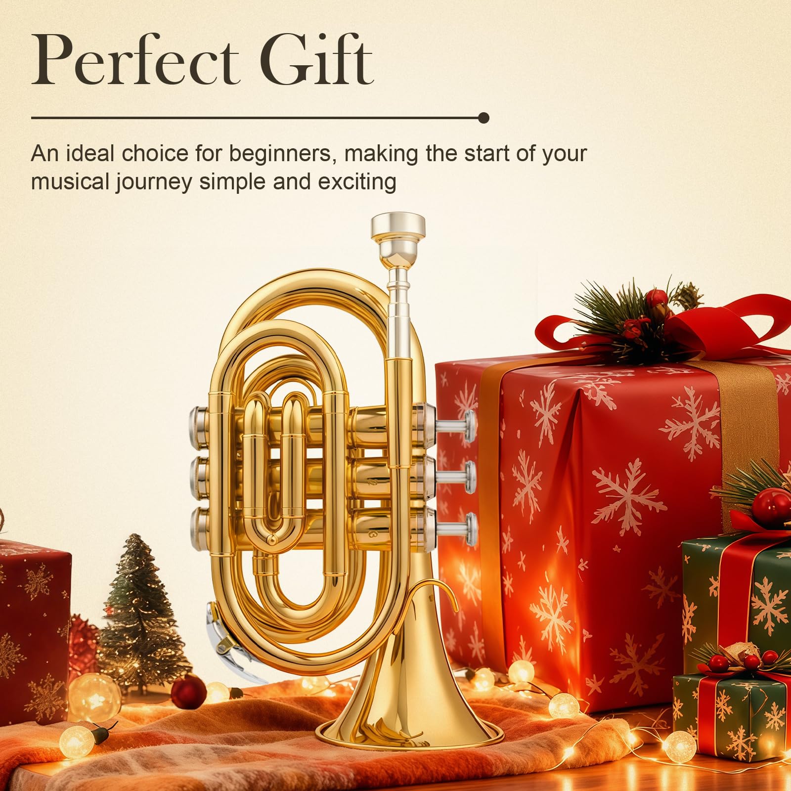 SONICAKE Pocket Trumpet Bb Flat - Gold Lacquer Brass Mini Trumpet Full Kit for Beginners Students with 7C Mouthpiece, Hard Case, Gloves & Cleaning Kit QPT-01 (Golden)