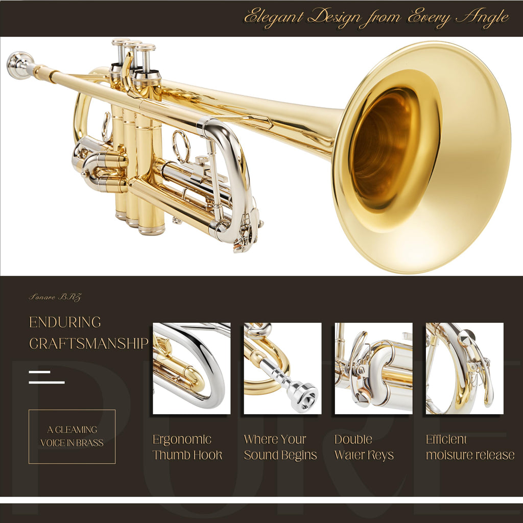 AKLOT Hand-Hammered Bell Bb Trumpet: Smooth Valve Action, Clear-Lacquered Brass Body, Standard Trumpet Beginner Set with Leather Case, Lesson Book, Trumpet Mute, Mouthpiece, Cleaning Kit (SNR-BrzED)