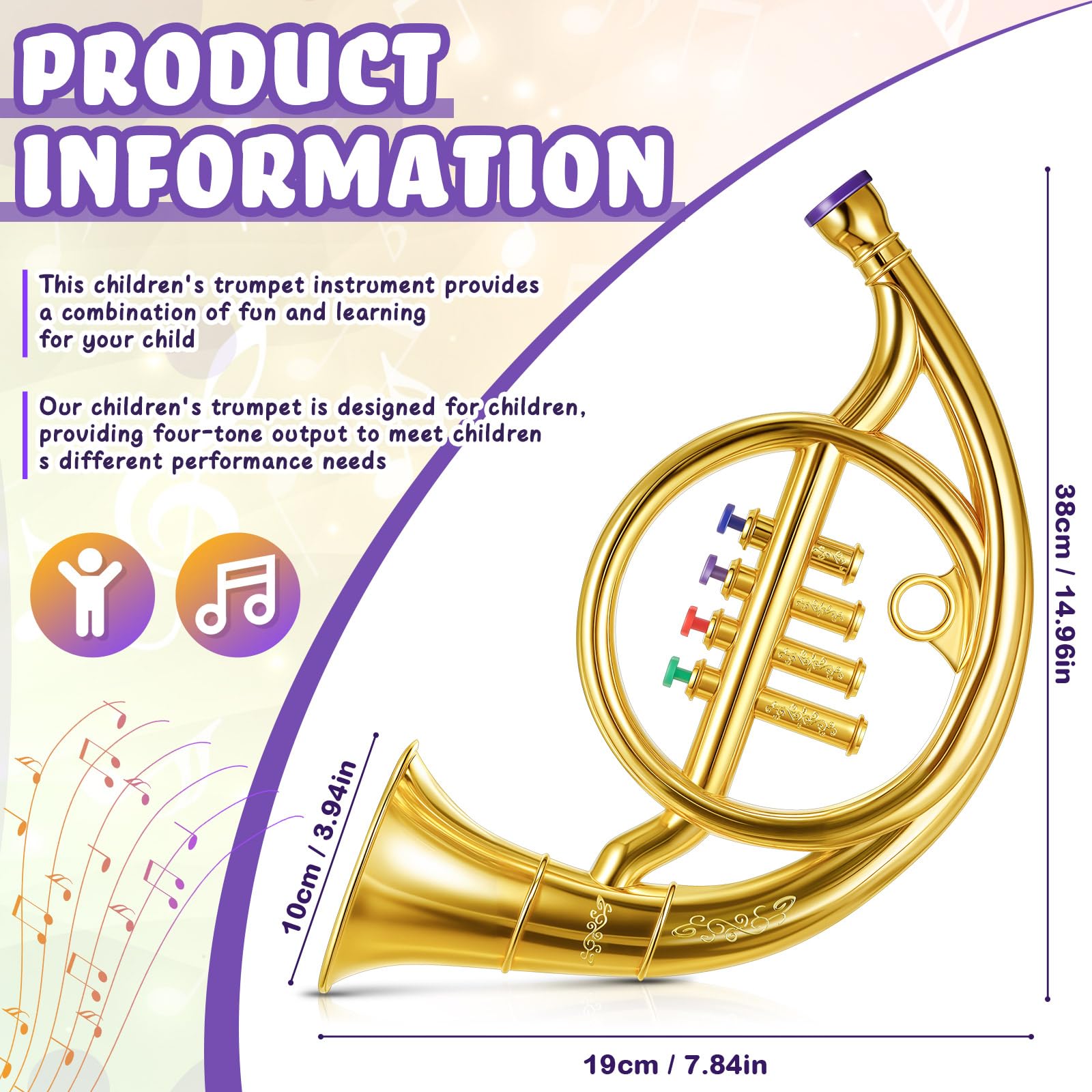 Lewtemi Gold Trumpet Musical Instruments Toy for Kid Toddler Fake Plastic Preschool Music Toy Gift Non-Professional Wind Instrument Early Educational Teaching Songs Gifts for Toddlers Children