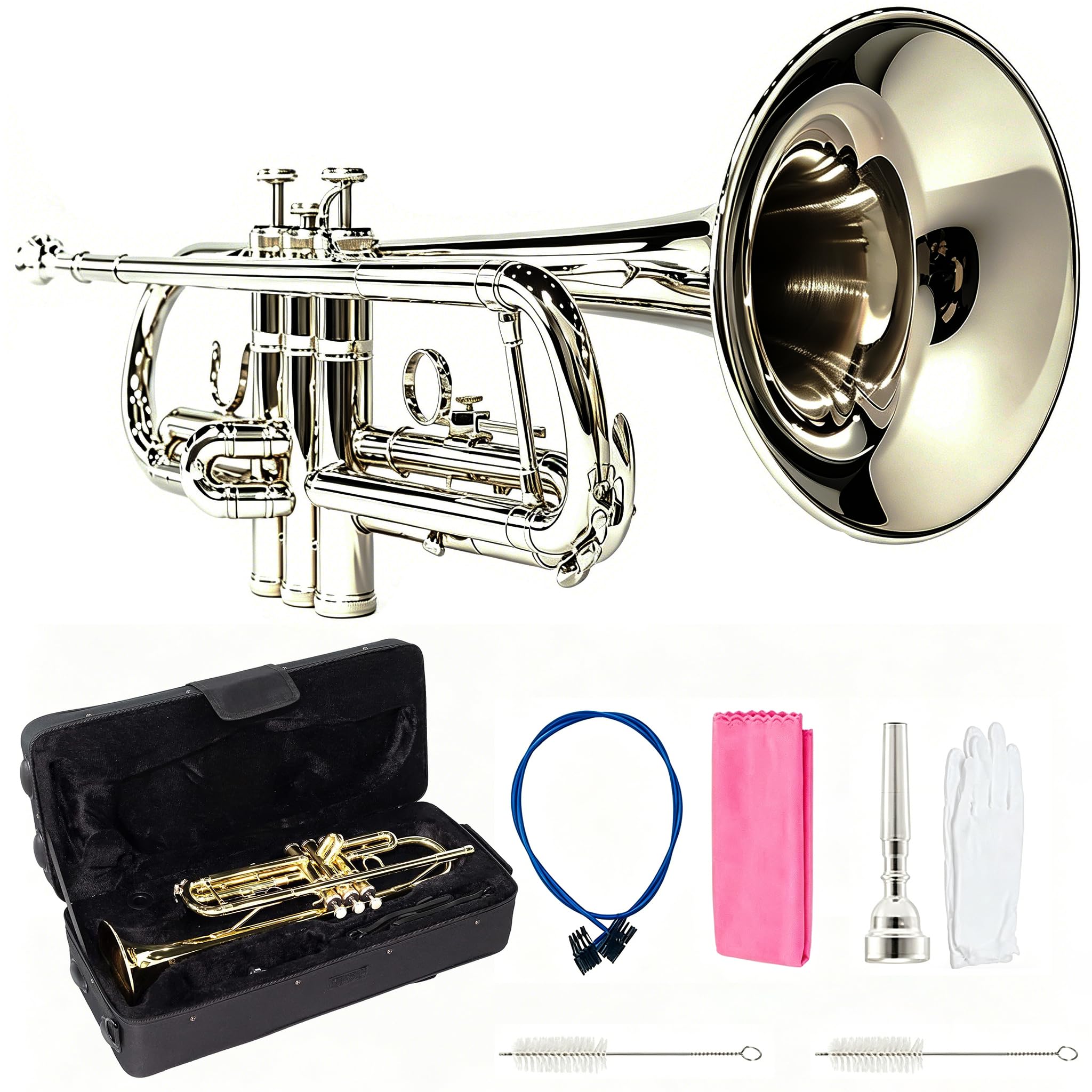 LeSage Bb Standard Trumpet Set for Beginner, Brass Student Trumpet with Carrying Case, Care Kit, Valve Oil, Cloth, 7C Mouthpiece & Gloves Silver
