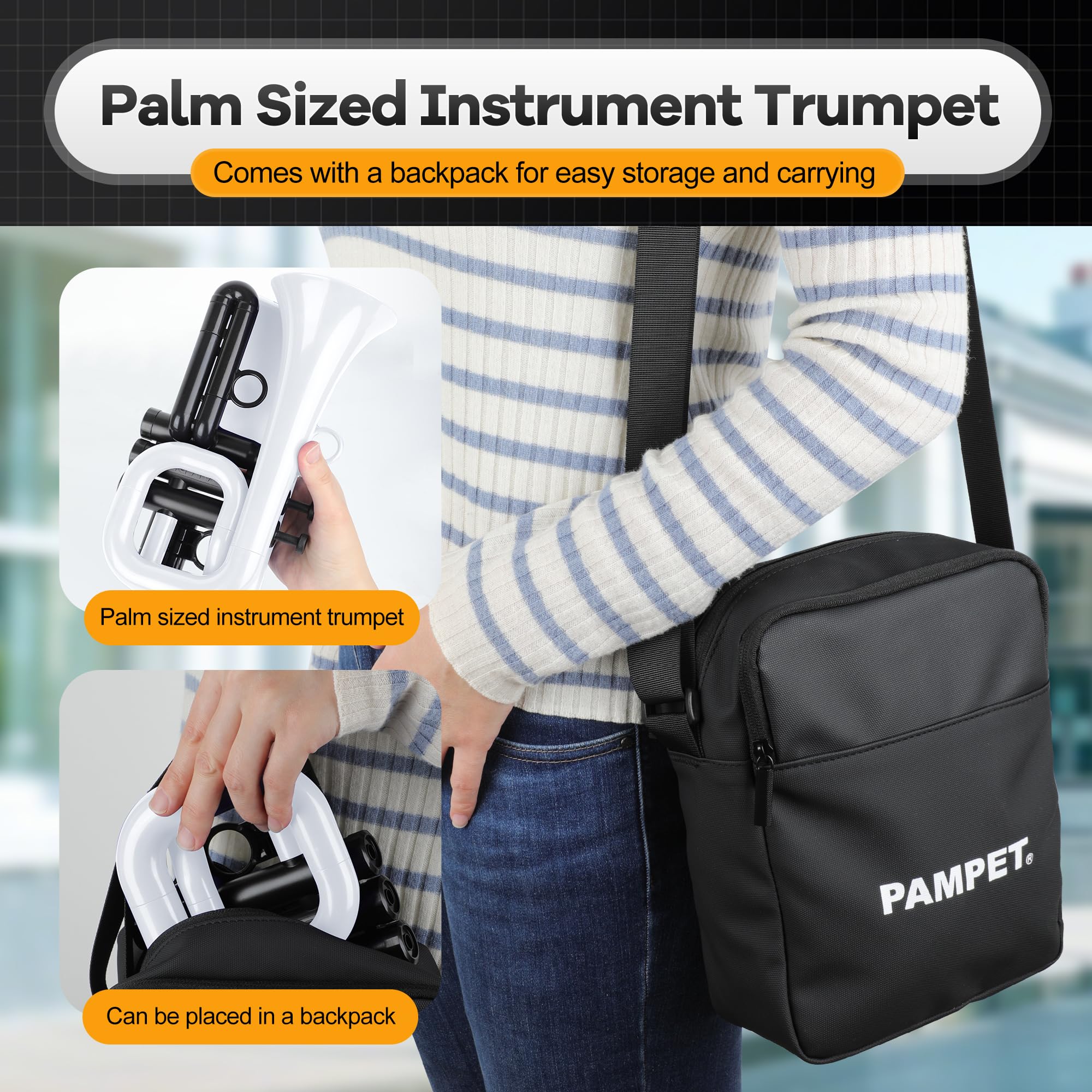 PAMPET DOLPHIN Pocket Trumpet Plastic Bb Trumpet Standard Trumpets for Student Beginner Bb Trumpets Instrument (Black)