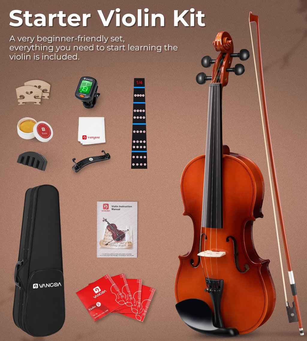 Vangoa 4/4 Solid Wood Acoustic Violin Full Size Fiddle Set for Beginner Adult Student Teen Kids with Violin Case, Bow, Rosin, Shoulder Rest, Tuner, Strings, Natural