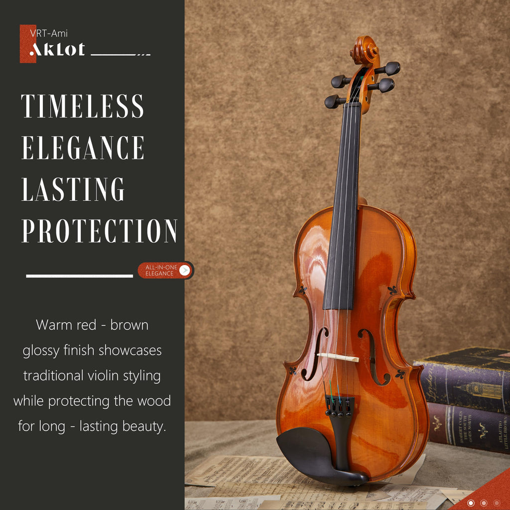 AKLOT Handcrafted Full Size Violin: Solid Wood Matte Fiddle, Acoustic Beginner 4/4 Violin Kit with Hard Case, Lesson Book, Bow, Shoulder Rest, Extra Strings, Tuner, Fretboard Stickers (VRT-AmiCS)