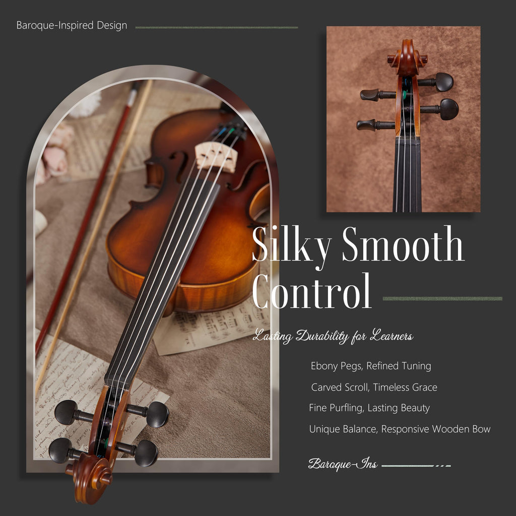 AKLOT Handcrafted Full Size Violin: Solid Wood Matte Fiddle, Acoustic Beginner 4/4 Violin Kit with Hard Case, Lesson Book, Bow, Shoulder Rest, Extra Strings, Tuner, Fretboard Stickers (VRT-AmiCS)