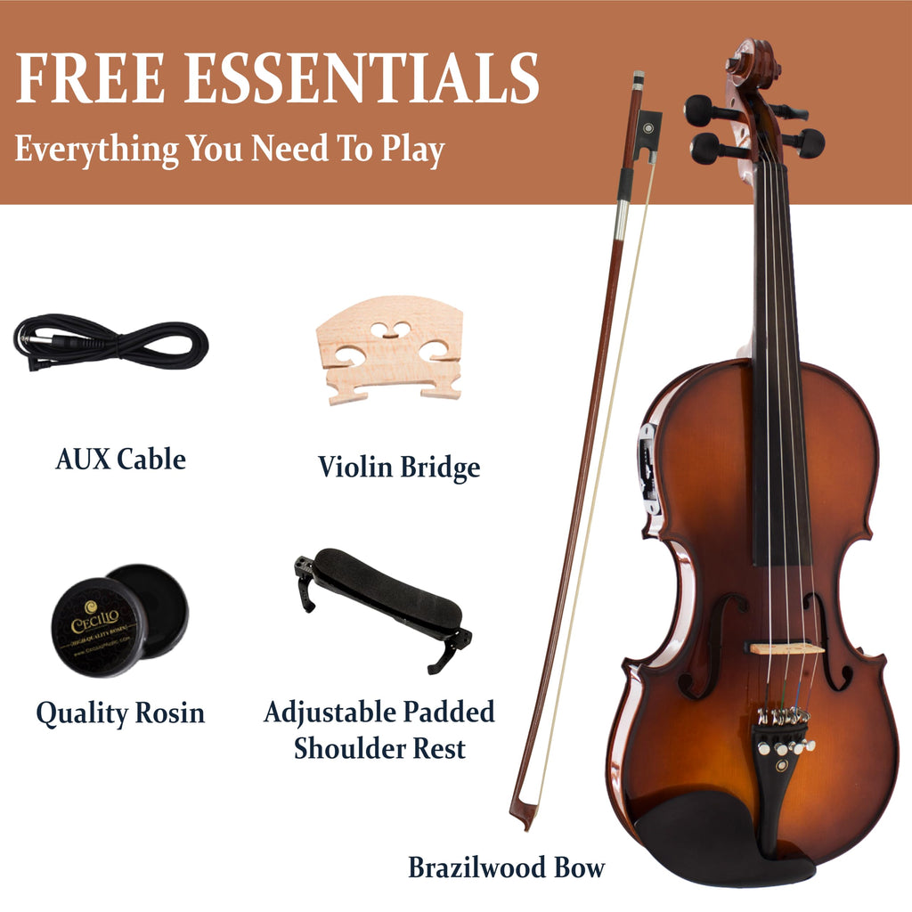 Cecilio 4/4 Full Size Acoustic & Electric Violin for Beginners & Professionals, Hand-Carved Solid Spruce Top, Ebony Fine Tuners, Full Set with Case, Bow, Rosin & AUX Cable (Metallic Black)
