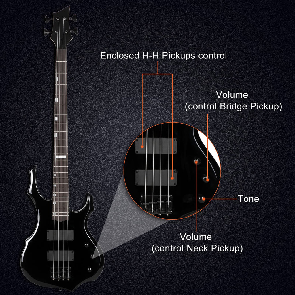 Ktaxon Electric Bass Guitar Full Size Flame Design Bass Set with 20 Watt Amplifier, Portable Bass Bag, Superior Amp Wire, Adjustable Guitar Strap, Plectrum, Wrench Tool(Matte Black)