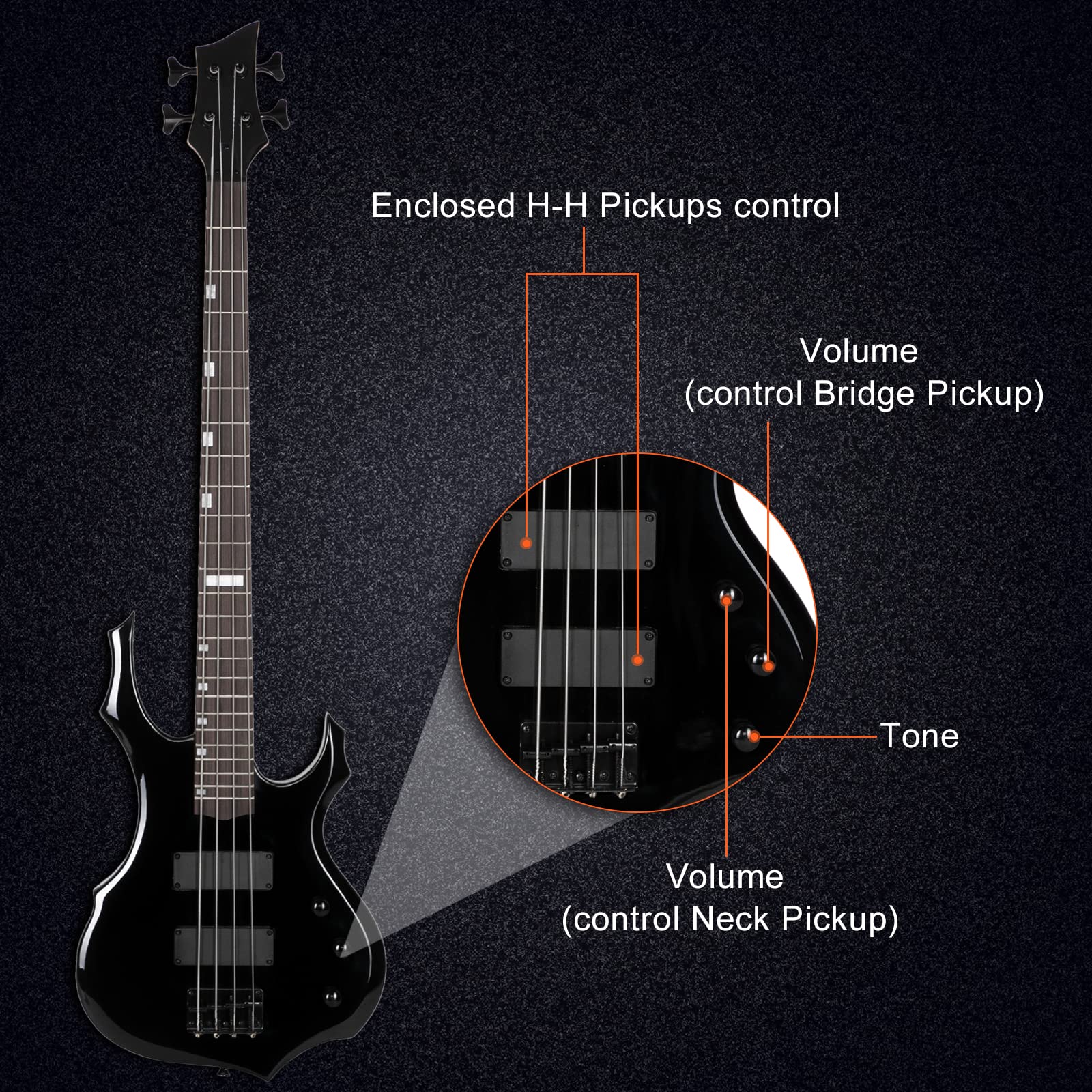 Ktaxon Electric Bass Guitar Full Size Flame Design Bass Set with 20 Watt Amplifier, Portable Bass Bag, Superior Amp Wire, Adjustable Guitar Strap, Plectrum, Wrench Tool(Matte Black)
