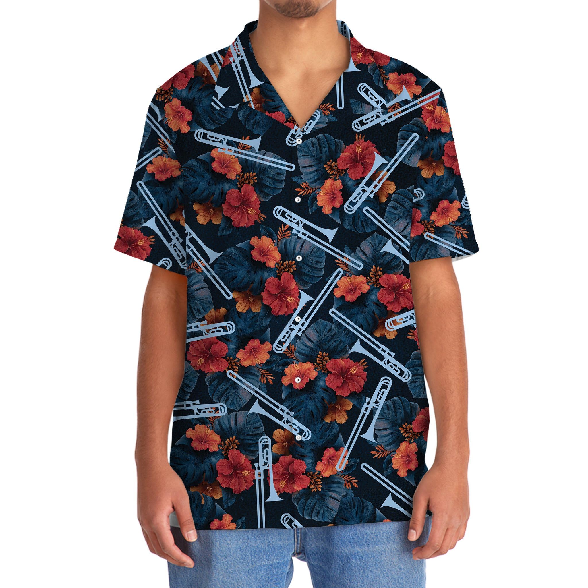 Trombone Hawaiian Shirt, Mens Trombone Short Sleeve Shirt, Music Band Gifts