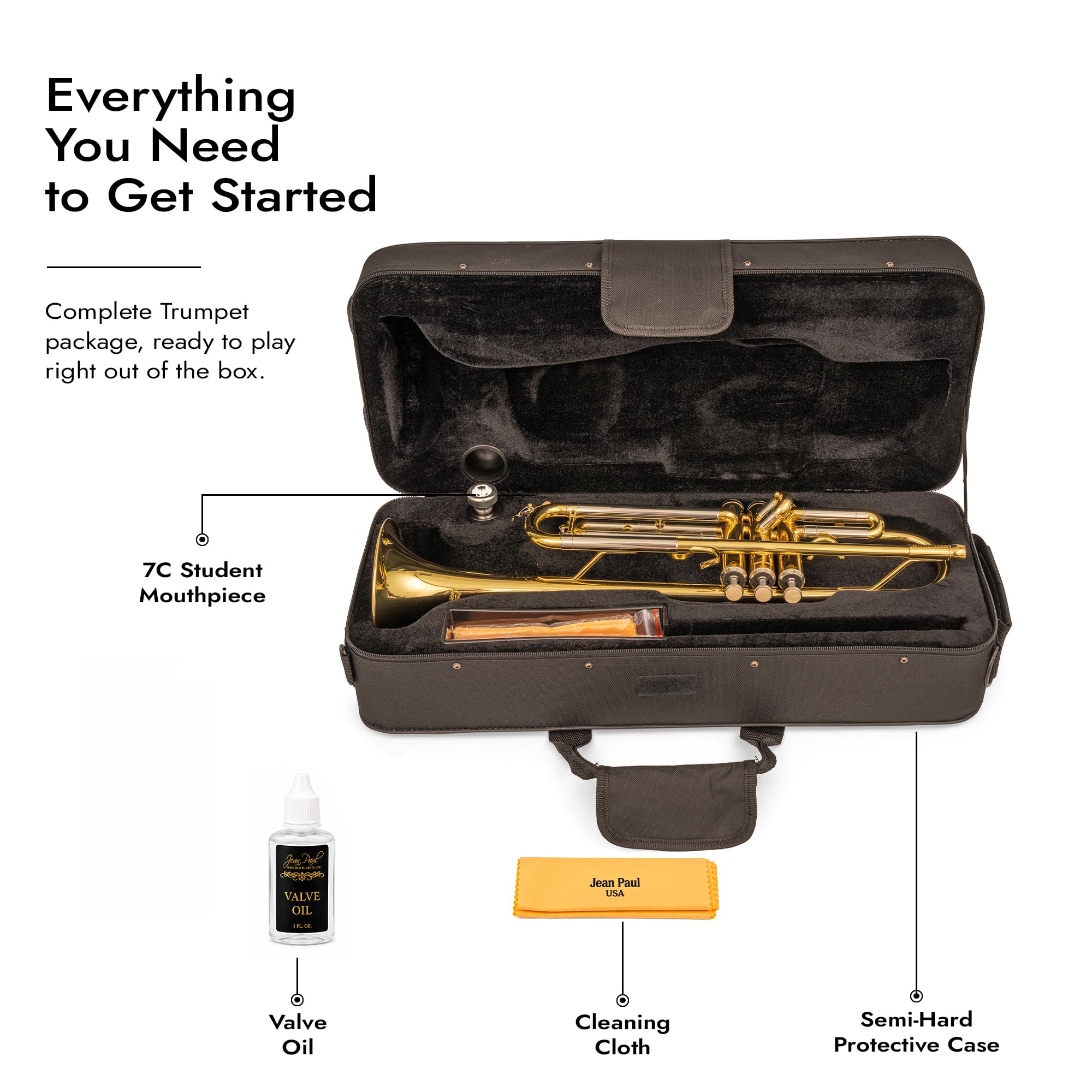 Jean Paul TR-330 Student Bb Trumpet, Two-Piece Yellow Brass Bell, Stainless Steel Valves, U.S. Play-Tested, Gold Lacquer Finish, 7C Mouthpiece and Semi-Hard Case Included