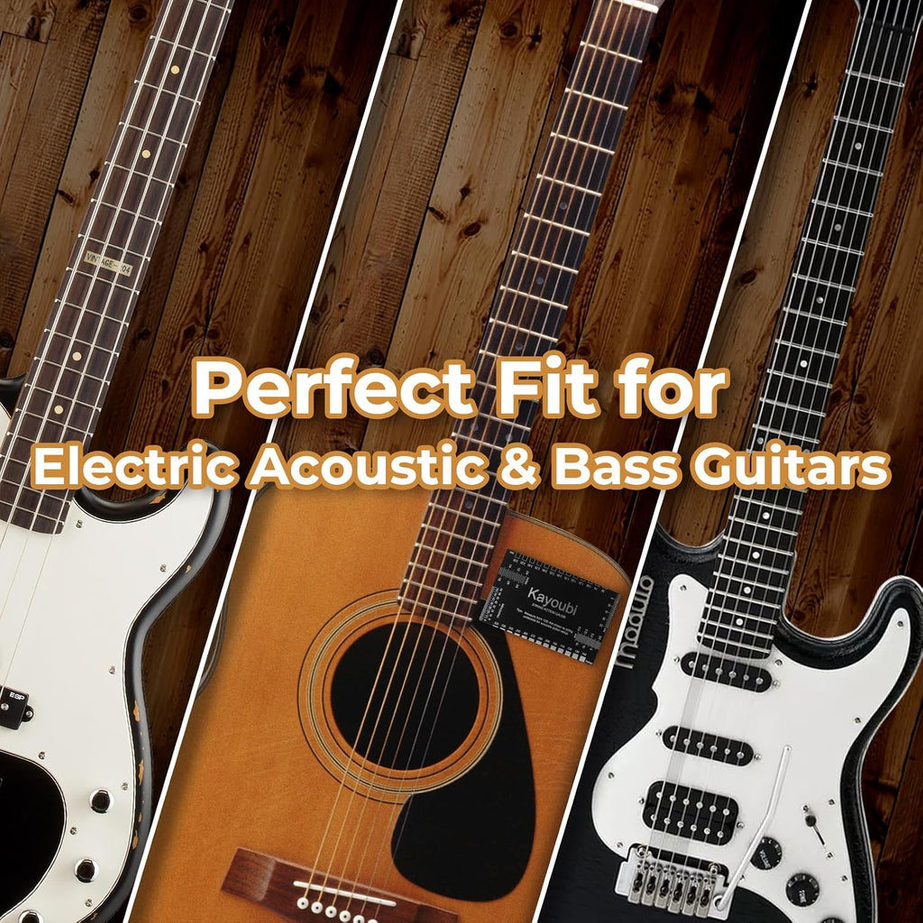 Guitar Accessories, String Action Gauge, High Contrast Black Luthier Set up Tools with Dual Metric & Imperial Scales, Smooth Edges & Protective PU Case for Acoustic, Electric Guitars & Bass