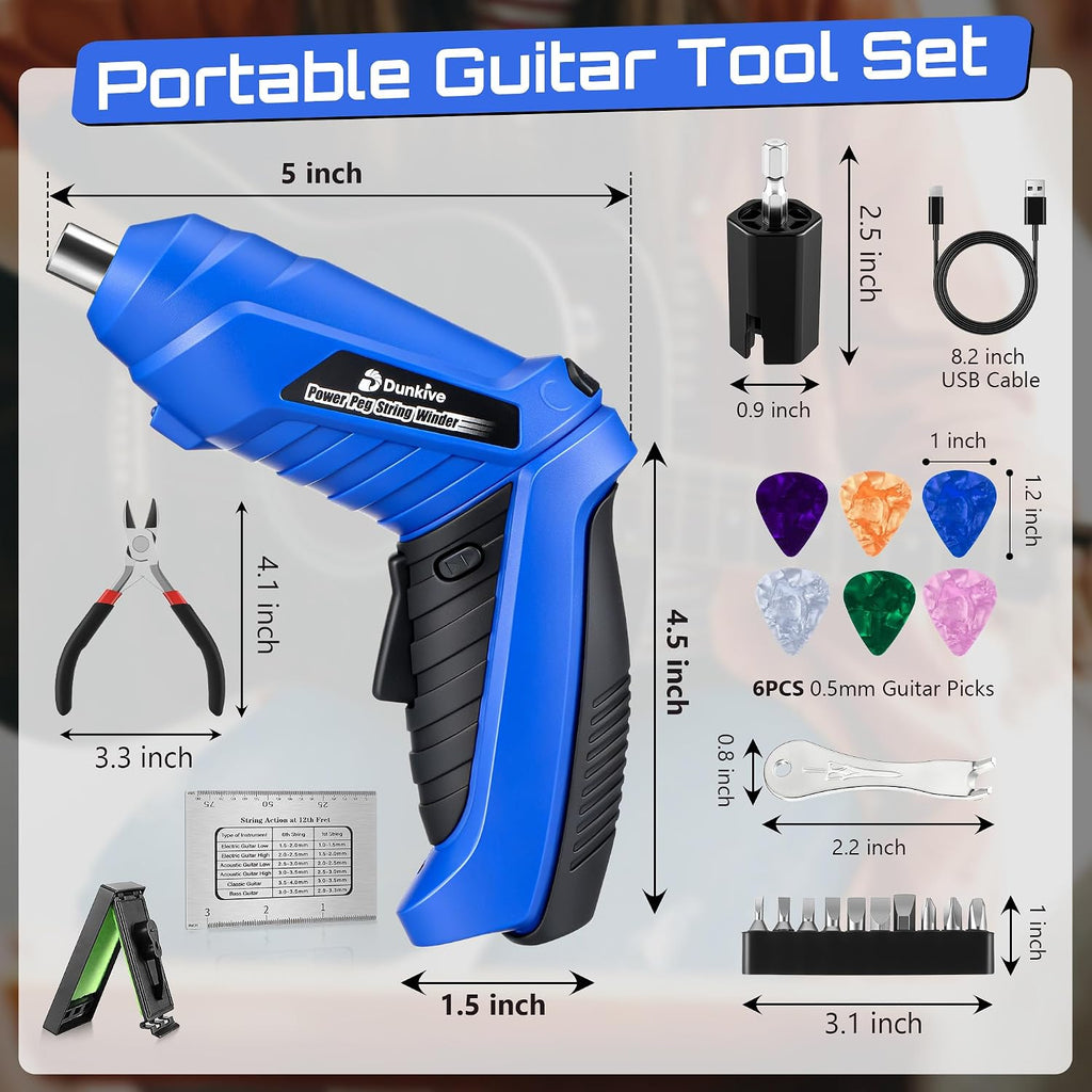 Guitar Tool Set, Rechargeable 200RPM Electric String Winder with LED, String Cutter, Action Gauge Ruler, Bridge Pin Puller, 10 Screwdriver Bits, 6 Guitar Picks & Cleaning Cloth