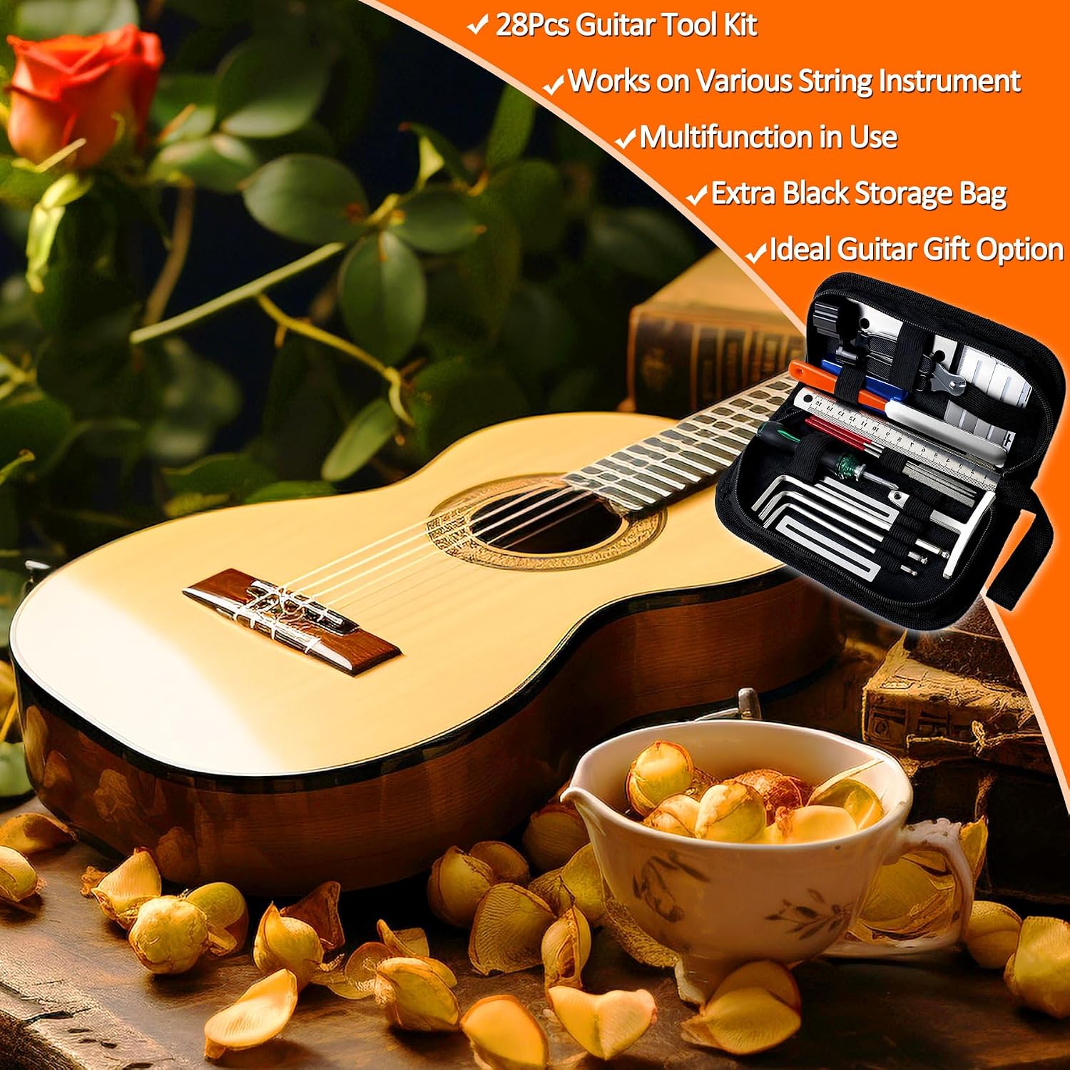 28Pcs Guitar Tool Kit, Guitar Accessories Gifts for Men, Guitar Maintenance Kit with Carry Bag, Guitar Repair Kit for Acoustic Electric Guitar Ukulele Bass Banjo, TIMDAM Guitar Setup Kit Guitar Gifts