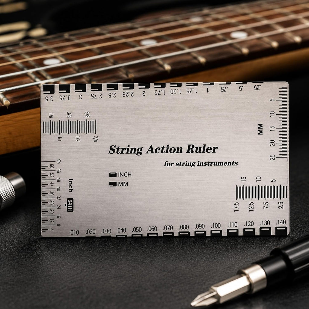 Guitar String Action Ruler, Stainless Steel String Gauge Measuring Tool with Inch & MM Scale for Electric Acoustic Guitar Bass, Precision Luthier Tool with Instruction Manual