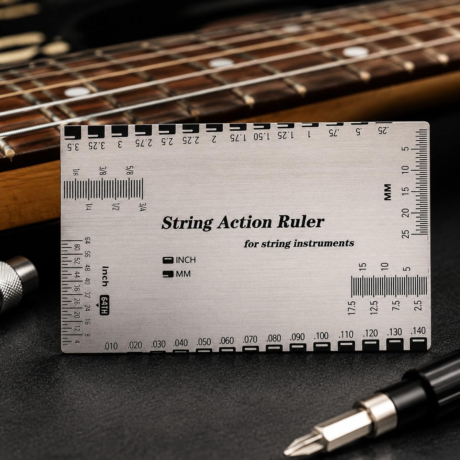 Guitar String Action Ruler, Stainless Steel String Gauge Measuring Tool with Inch & MM Scale for Electric Acoustic Guitar Bass, Precision Luthier Tool with Instruction Manual