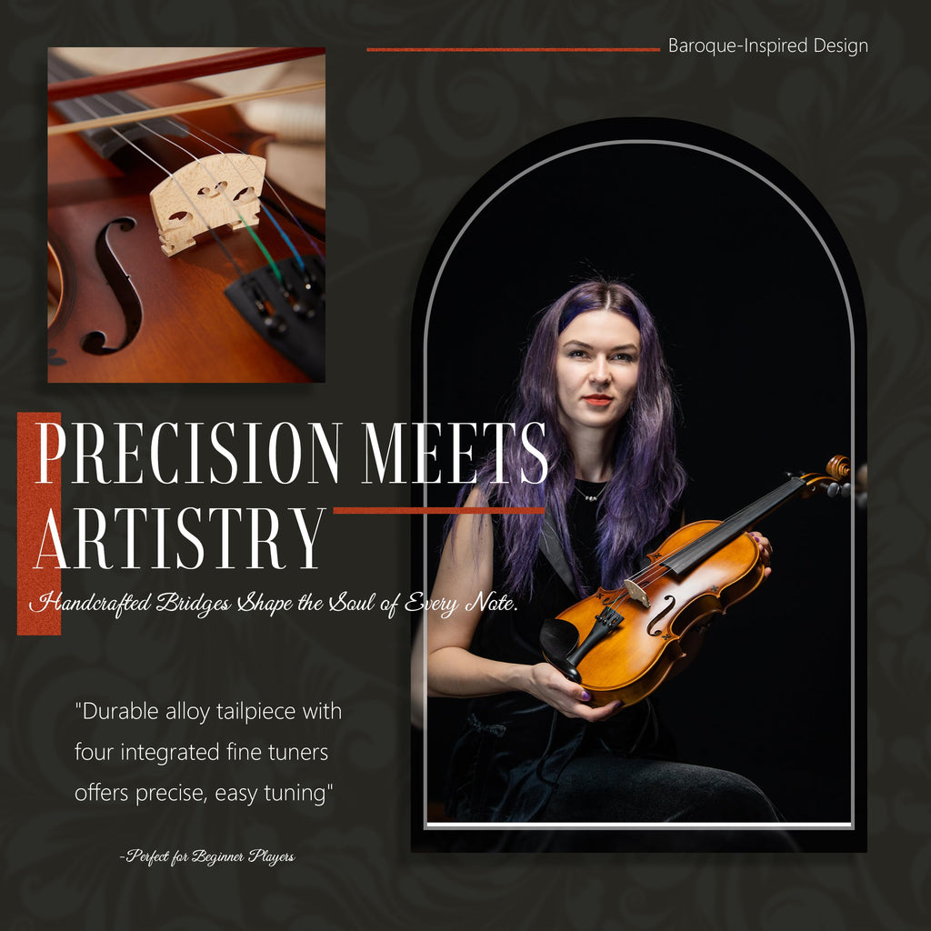 AKLOT Handcrafted Full Size Violin: Solid Wood Matte Fiddle, Acoustic Beginner 4/4 Violin Kit with Hard Case, Lesson Book, Bow, Shoulder Rest, Extra Strings, Tuner, Fretboard Stickers (VRT-AmiCS)