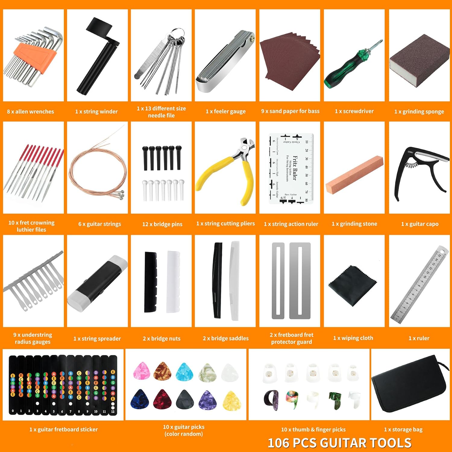 106Pcs Guitar Tool Kit, Guitar Accessories Guitar Maintenance Kit, Guitar Repair Kit with Capo Guitar Strings Picks Bridge Pins Gauge, TIMDAM Guitar Setup Kit for Ukulele Bass Mandolin Banjo Guitar