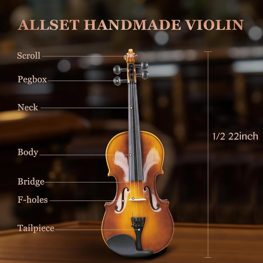 Allset Violin Fiddle Set: 4/4 Polished Violin Kit for Beginners, Acoustic Violin with Hard Case, Solidwood Handmade Starter Kit with Bow, Rosin, Shoulder Rest, Tuner, Strings-Burgundy (yellow, Full)
