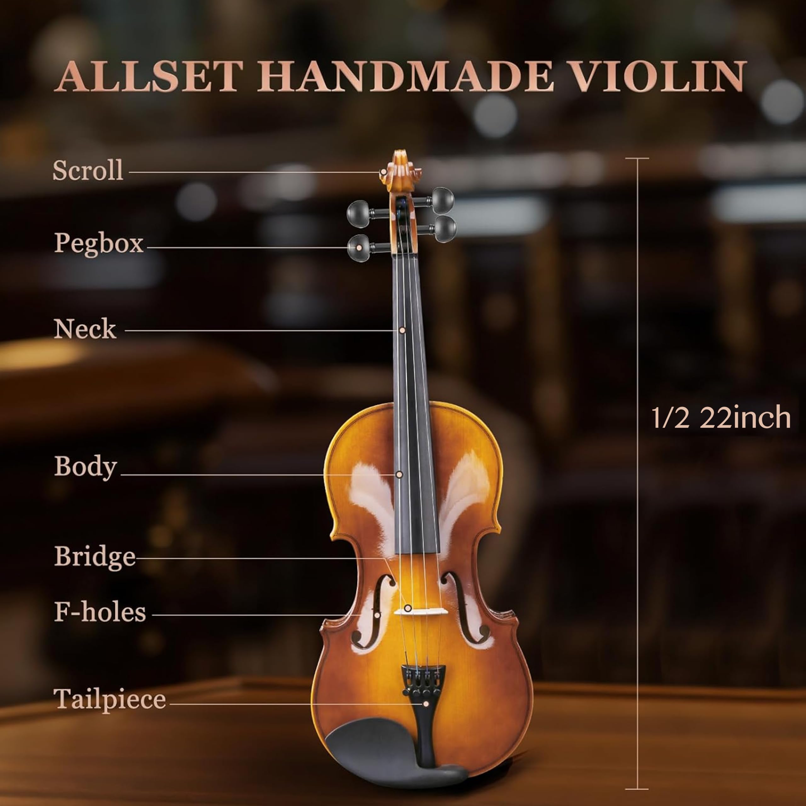 Allset Violin Fiddle Set: 4/4 Polished Violin Kit for Beginners, Acoustic Violin with Hard Case, Solidwood Handmade Starter Kit with Bow, Rosin, Shoulder Rest, Tuner, Strings-Burgundy (yellow, Full)