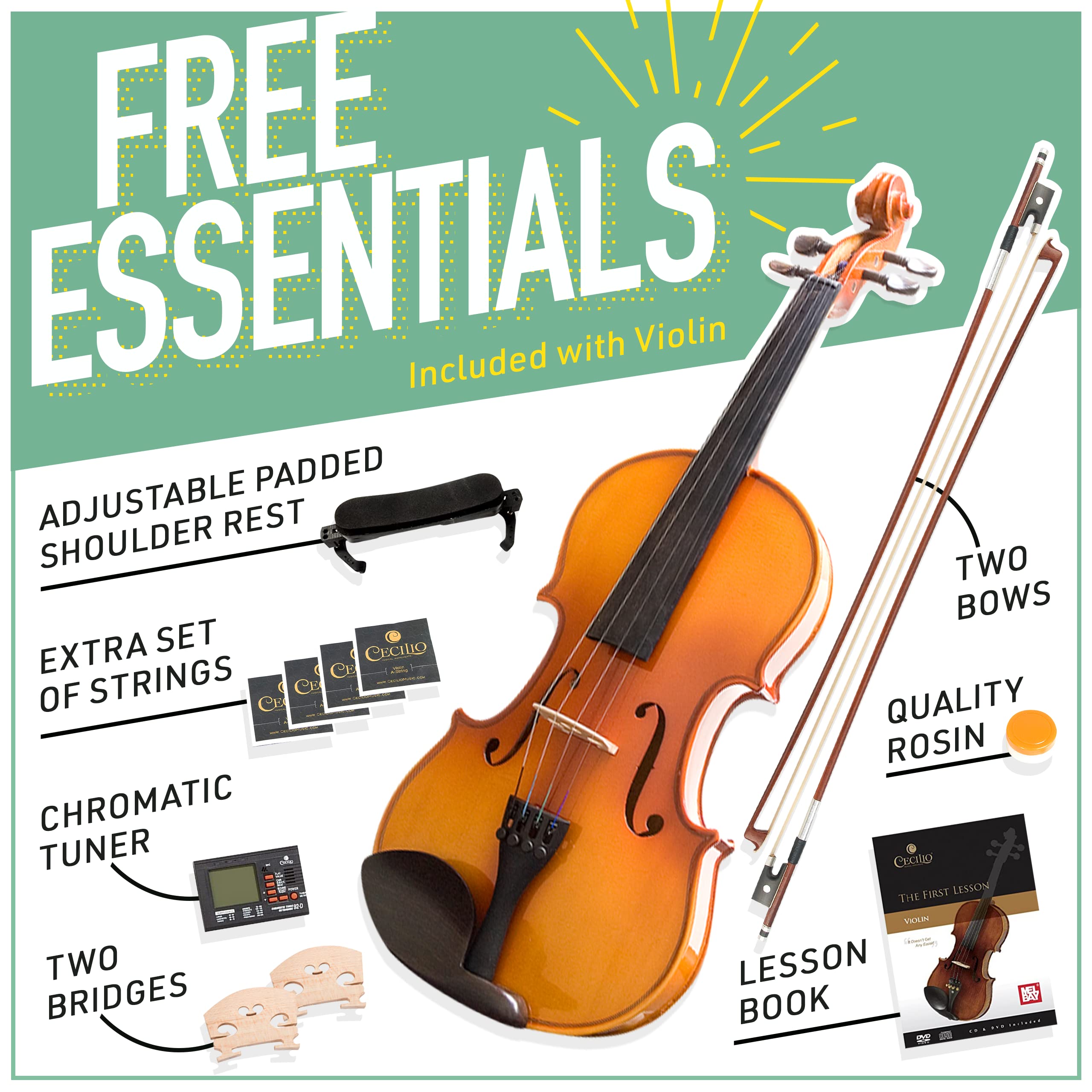 Mendini by Cecilio Violin 4/4 Full Size Set For Beginners - Hand Carved Acoustic Violins Set - Fiddle Solidwood Kit with Hard Case, Two Bows, Tuner, Rosin, Shoulder Rest, Extra Strings, Lesson Book