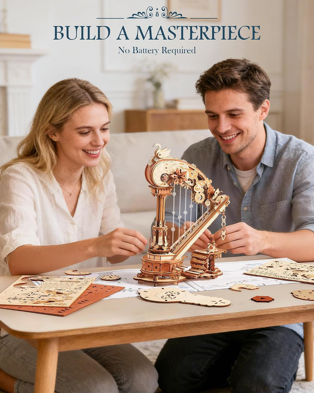 ROKR 3D Wooden Puzzle Harp Music Box, Building Model Kit with Mechanical Movement, Gift for Adults Women, Elegant Home Decor for Desk & Shelf