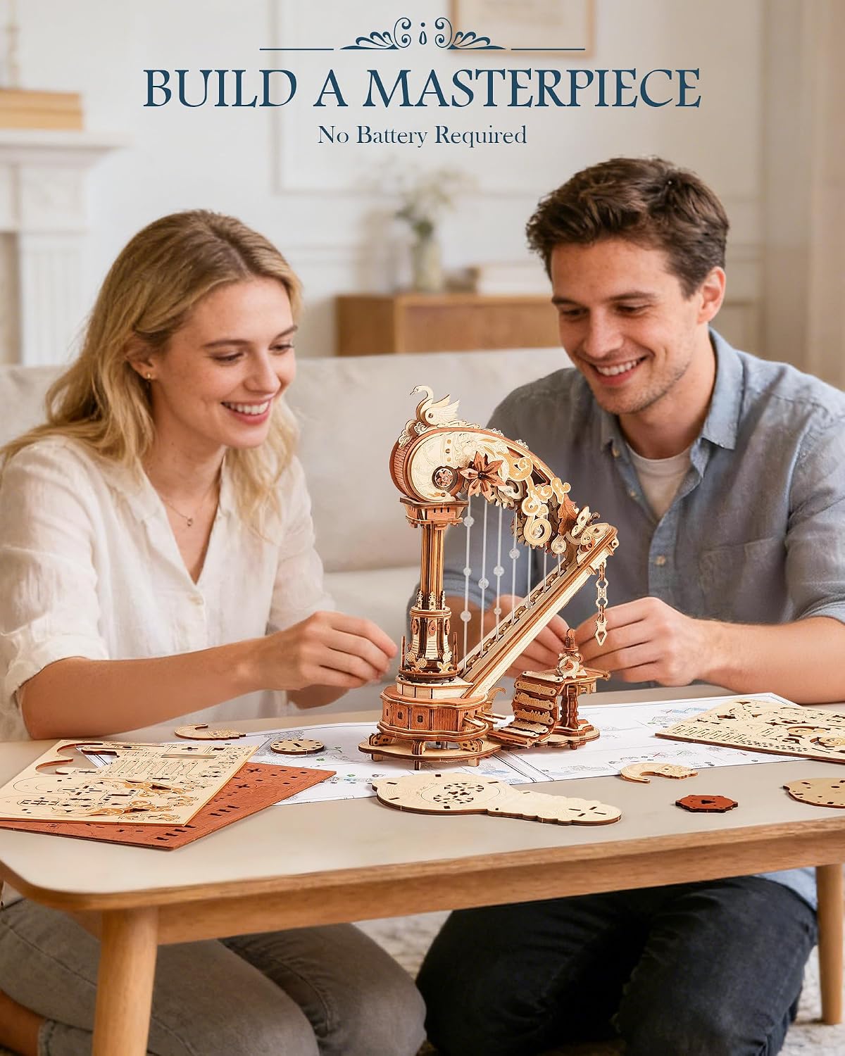 ROKR 3D Wooden Puzzle Harp Music Box, Building Model Kit with Mechanical Movement, Gift for Adults Women, Elegant Home Decor for Desk & Shelf