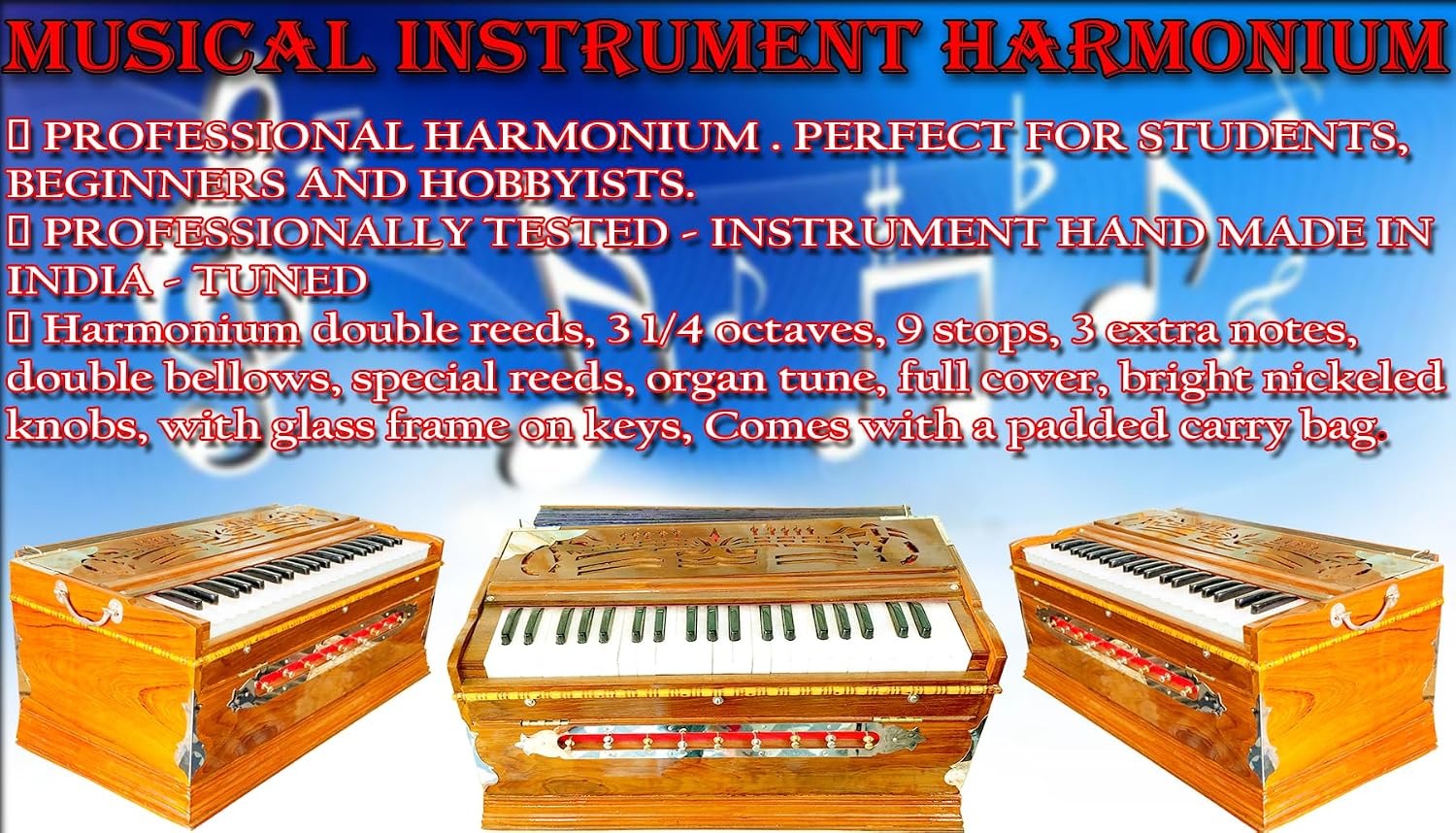 Harmonium, Maanvish Professional Harmonium Standard,Double Reeds, 3 1 4 Octaves, 9 Stops, 4 Extra Notes, Padded Bag
